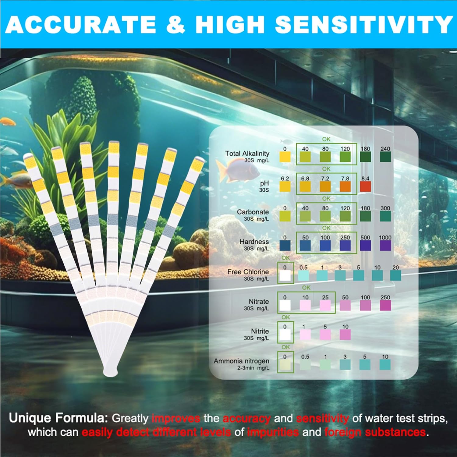 DaToo 8 in 1 Aquarium Test Kit Fish Tank Test Strips Accurate Water Quality Testing Strips for Ammonia PH Total Alkalinity Carbonate Hardness Free Chlorine Nitrate Nitrite Temperature (100 Strips) - Happypetzone.online - Image 4