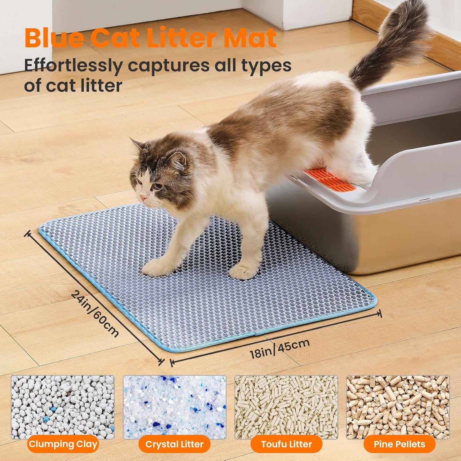 Cat Litter Mat, 24x18 Inches Large Double Layer Honeycomb Cat Litter Trapping Mat, Non Slip Waterproof Urine Proof Cat Litter Box Mat for Floor, Kitty Litter Rug, Cat Supplies, Blue - Happypetzone.online - Image 2