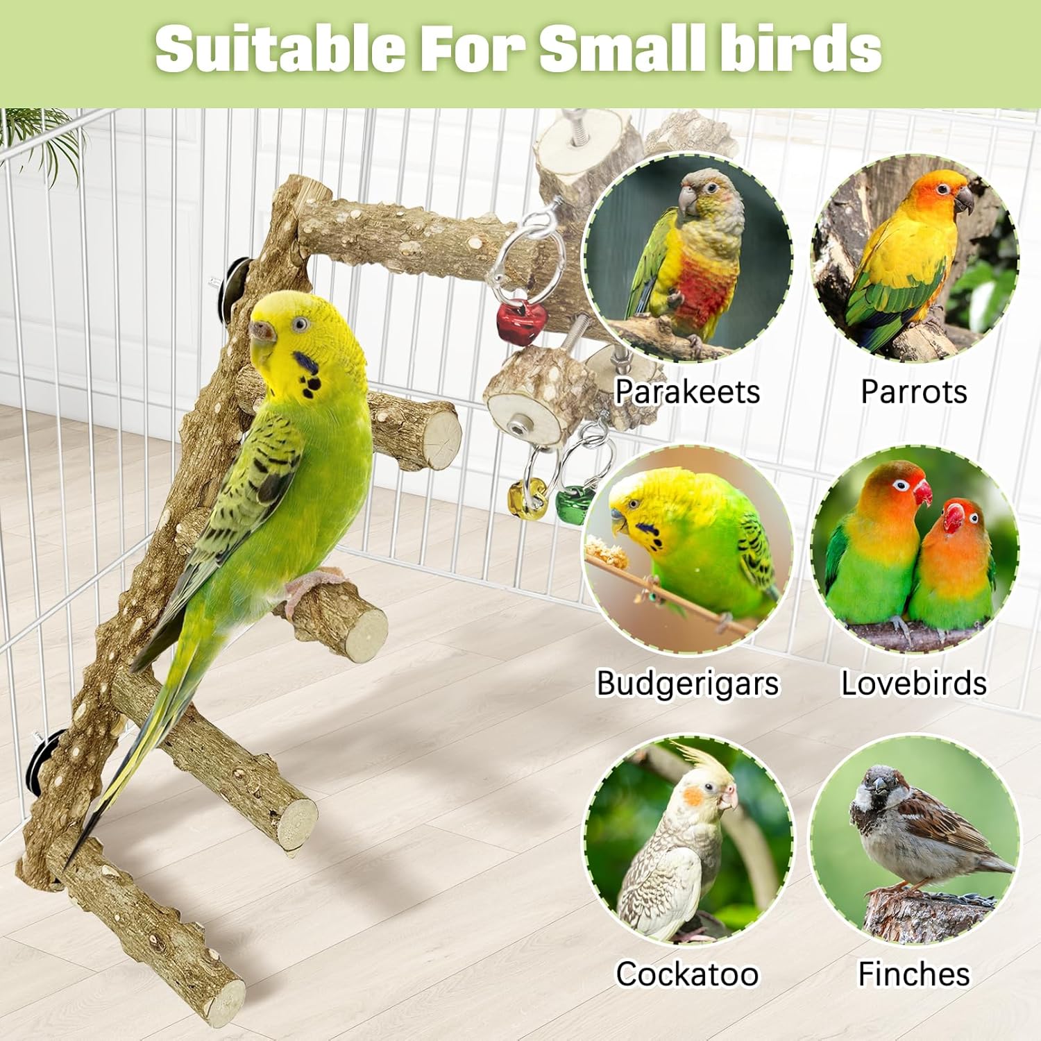 BNOSDM Natural Wood Bird Ladder Perch with Rotating Bell Toys-Exercise Stands for Parrot Climbing Chewing Parakeet Bridge Cage Accessories for Cockatiel, Conures, Lovebirds, Budgie - Happypetzone.online - Image 7