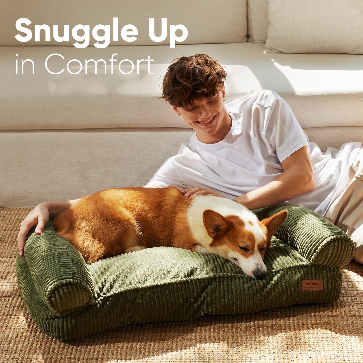FUKUMARU Dog Couch Bed, Corduroy Cozy Cat Bed for Indoor Cats with Washable Cover, 28in Waterproof Orthopedic Dog Beds Sofa for Small Dogs and Large Cats, Cute Warm Cotton Pet Sofa, Green - Happypetzone.online - Image 3