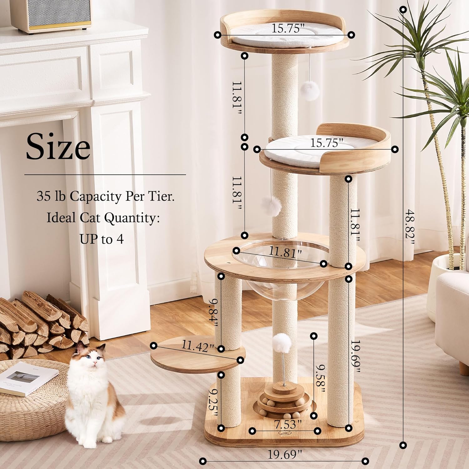 797Audio Modern Solid Wood Cat Tree Tower, 49" Tall Cat Tree with Sisal Scratching Posts and Capsule for Adult Cats, Natural Oak Wooden Cat Tower,Aesthetic Multi-Level Cat Climbing Tree for Indoor Cat - Happypetzone.online - Image 9
