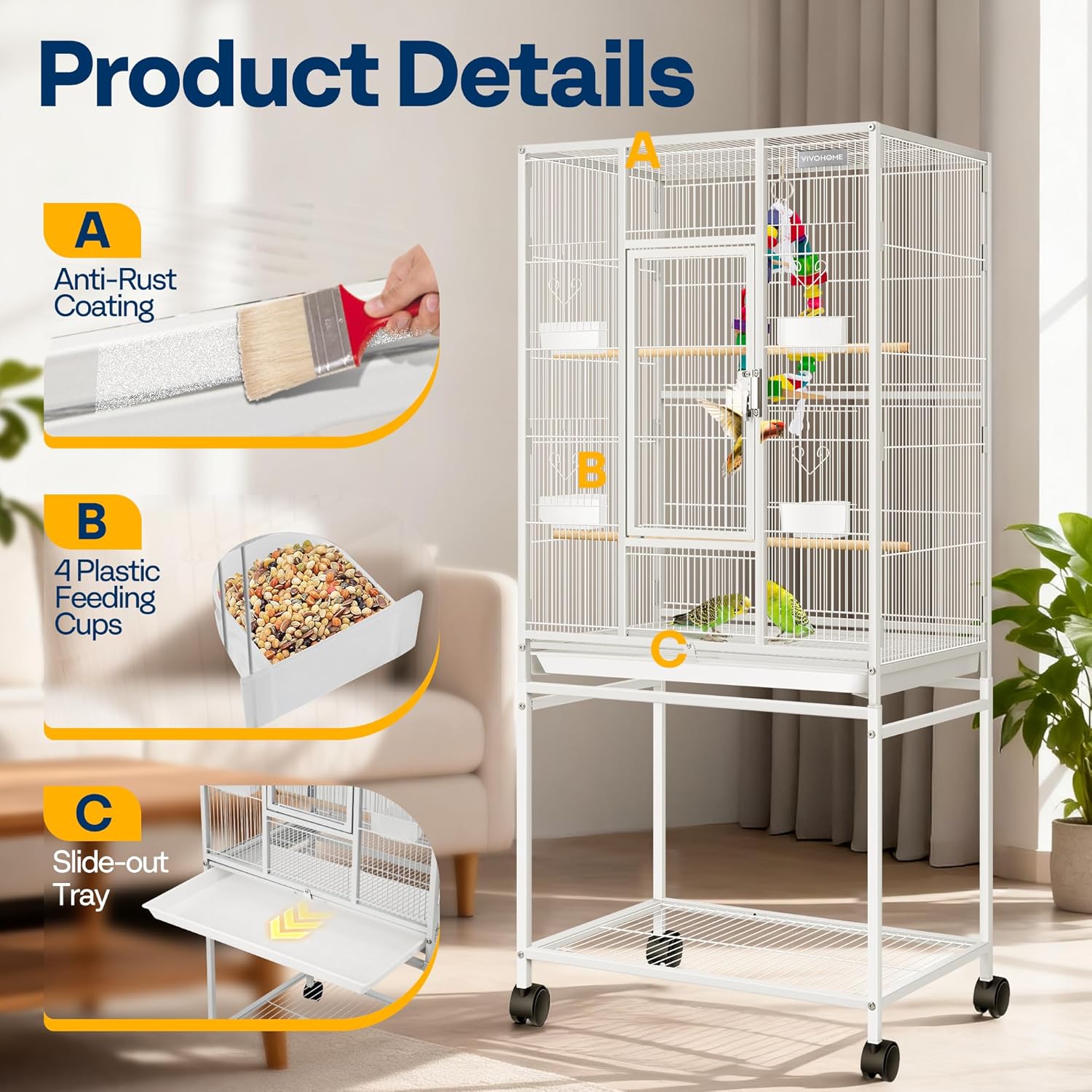 VIVOHOME 54 Inch Wrought Iron Large Bird Flight Cage with Rolling Stand for Parakeets Canaries Cockatiels Lovebirds Conures, White - Happypetzone.online - Image 3