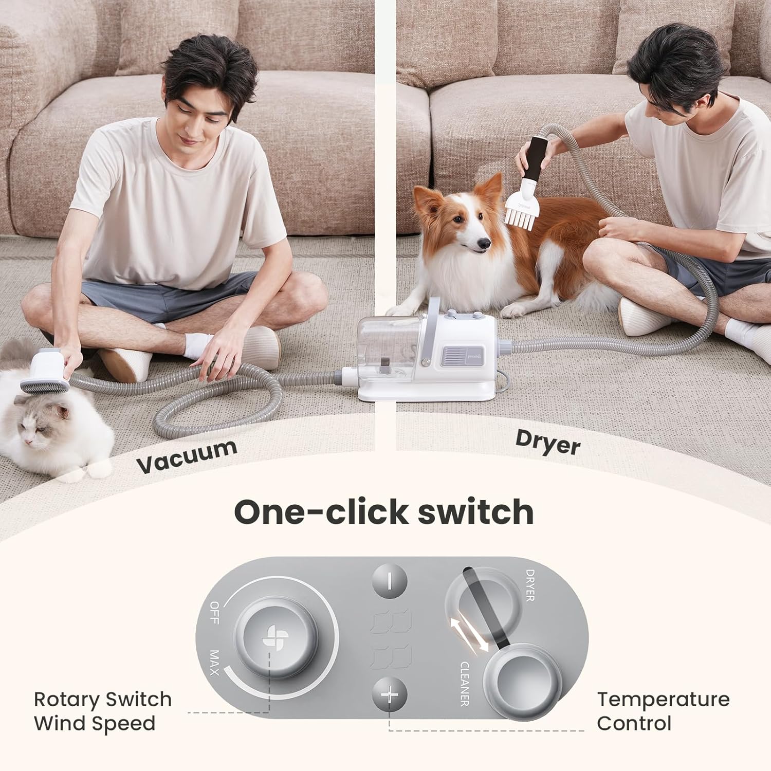 Pecute Dog Grooming Vacuum & Dryer, 7-in-1 Pet Grooming Kit with Clipper, 10000Pa Dog Vacuum for Shedding Grooming, Adjustable Speed & Temp, 55dB Low Noise,1.7L Dust Cup - Happypetzone.online - Image 4