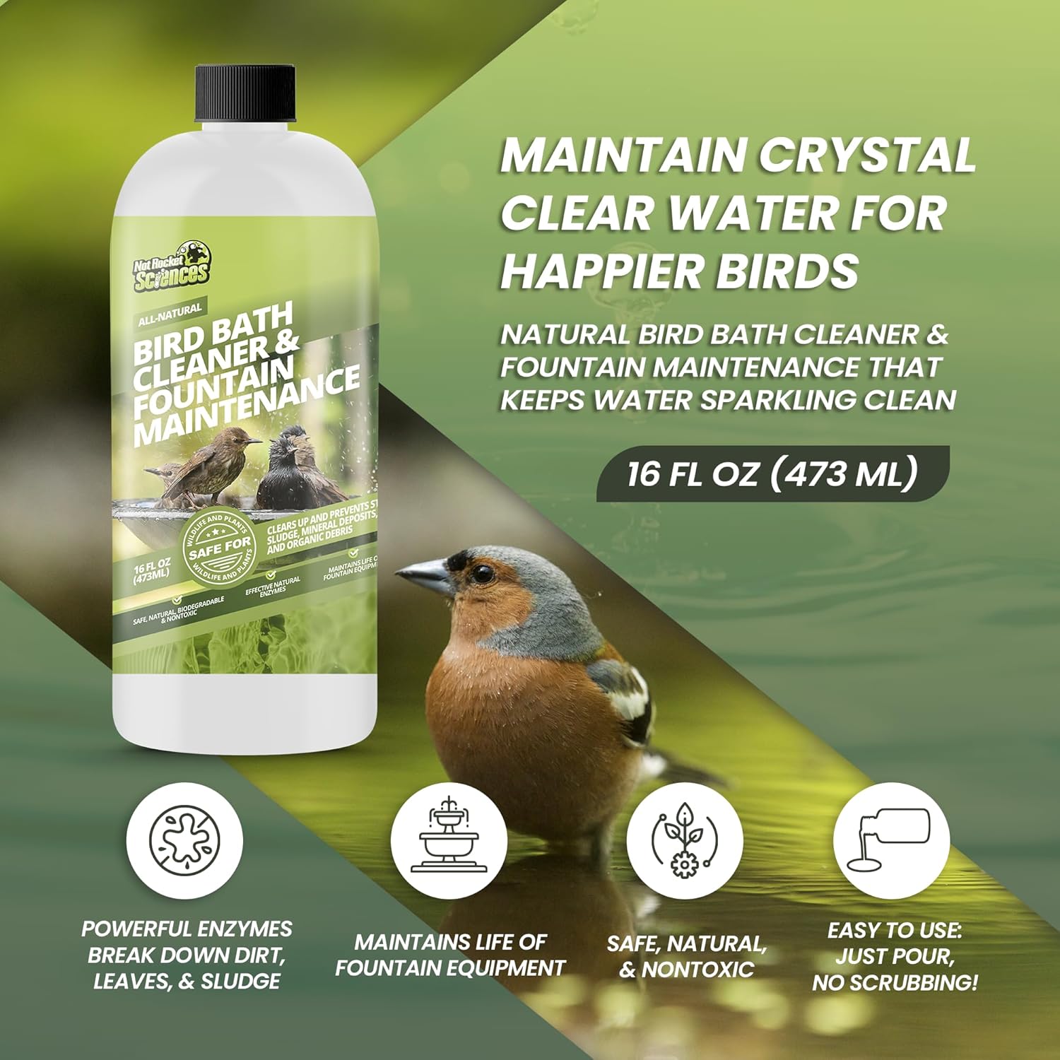 16oz Bird Bath Cleaner, Cleans 80 Gallons of Water, Ideal Fountain Cleaner Safe for Birds, Bird Bath Fountains Clarifier, Liquid Birdbath and Fountain Maintenance, Promotes Clean & Clear Water - Happypetzone.online - Image 2