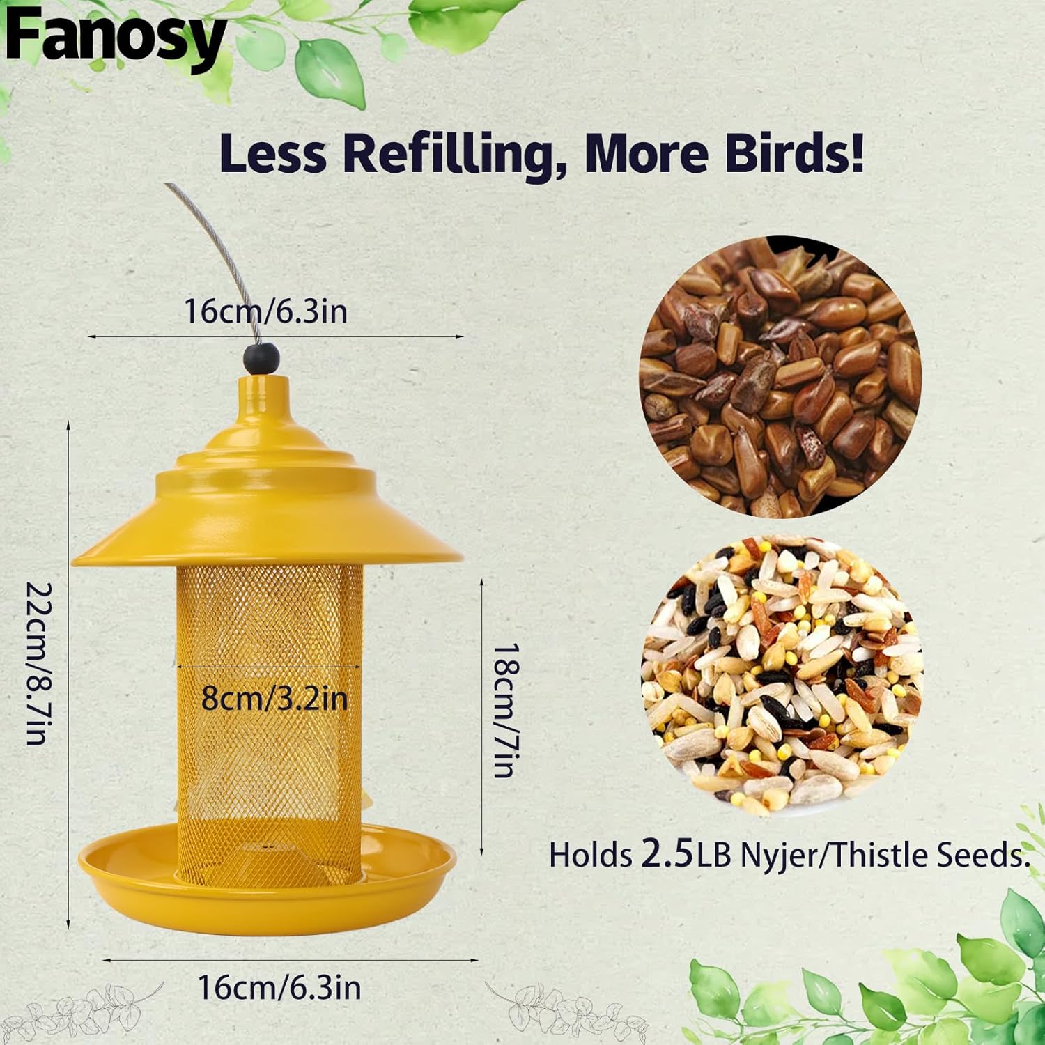 Finch Feeder - All-Metal Squirrel Proof Thistle Nyjer Seed Bird Feeder for Outdoors, 2.5LB Capacity, Powder-Coated Rust Resistant Mesh Design for Goldfinches & Small Birds Yellow - Happypetzone.online - Image 4