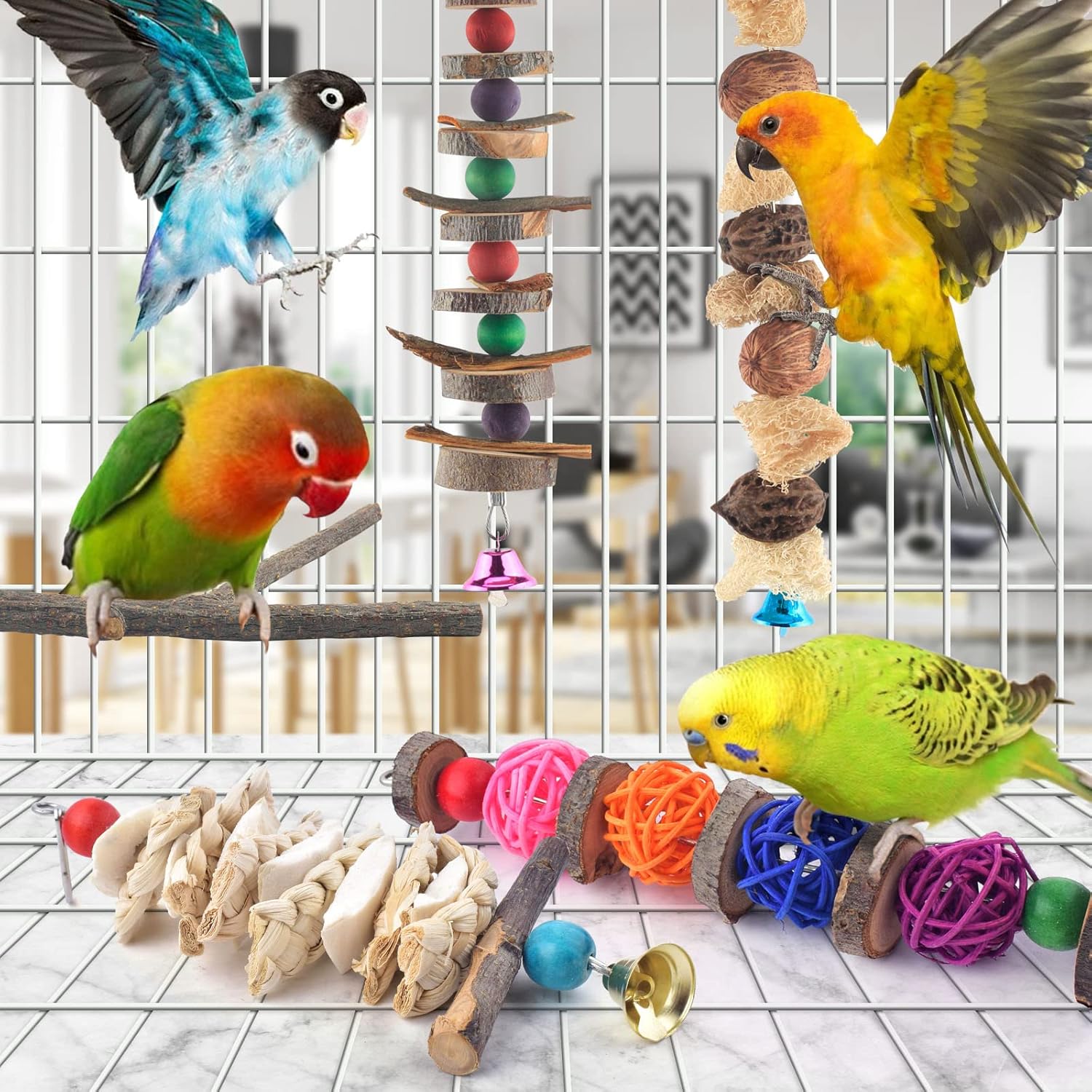 Bissap Bird Chew Toys, 5 Packs Parakeet Natural Wood Toys Parrot Hanging Cage Toy Bird Perch Stand for Small Bird Conure Cockatiel Parrotlet Lovebird Budgie - Happypetzone.online - Image 3