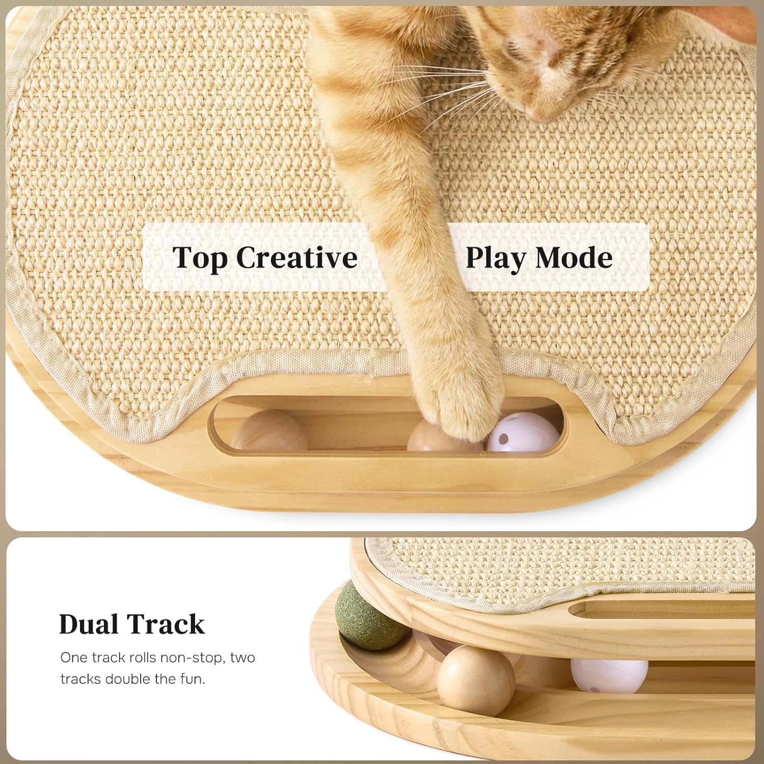 ZOMISIA Cat Scratcher with Ball Track Toy, Sisal Scratch Pad for Indoor Adult Cats, Wooden Interactive Cat Puzzle Toys for Kitten Mental Stimulation Self Play Home Enrichment - Happypetzone.online - Image 3