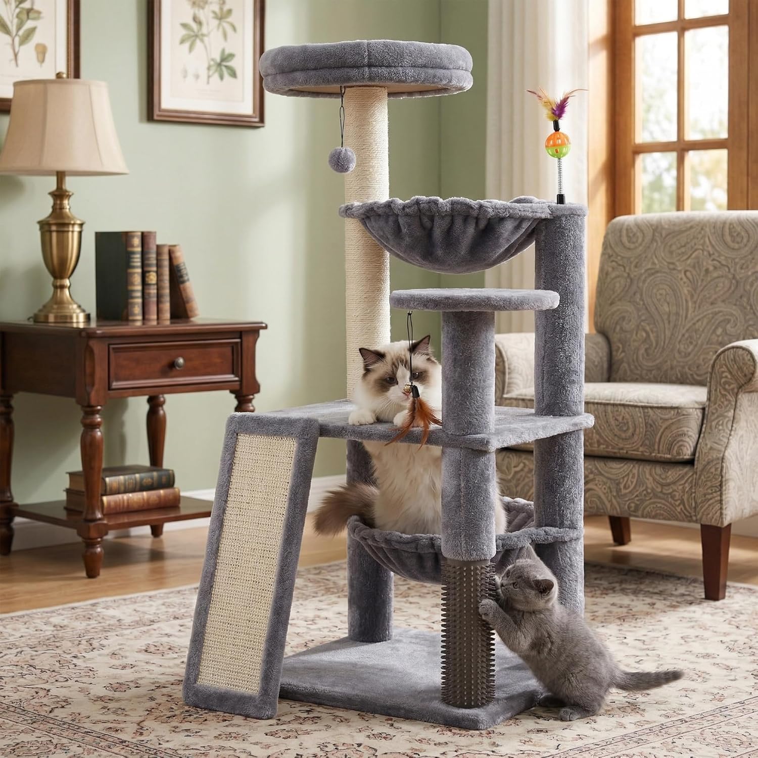 Multi-Level Cat Tree for Indoor Cats, Cat Tree Tower with Big Cat Hammock and Self-Grooming Brush, Cat Tower with Scratch Ladder, Indoor Climbing Activity Tower with Scratching Posts, Grey - Happypetzone.online - Image 7