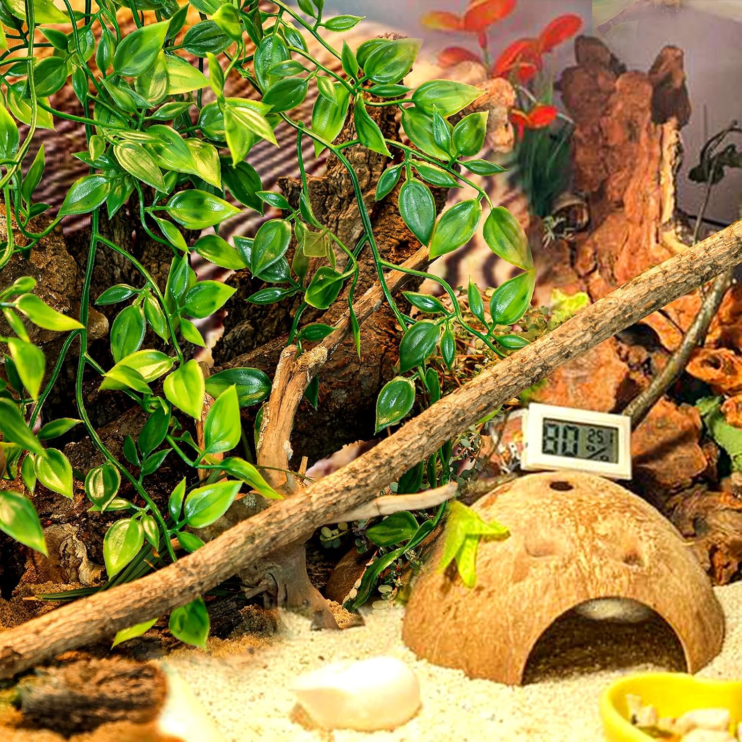 HERCOCCI Reptile Plants, 2 Pack Terrarium Hanging Plants Vines Artificial Leaves Habitat Decorations with Suction Cup for Bearded Dragon Hermit Crab Lizard Snake Geckos Chameleon - Happypetzone.online - Image 4