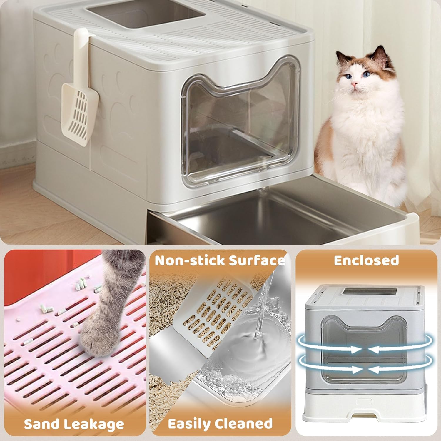 Enclosed Cat Litter Box with Lid Top Exit Covered Metal Stainless Steel Litter Box Leak Proof & Odorless Easy to Clean Including Cat Litter Scoop and Litter Mat - Happypetzone.online - Image 4