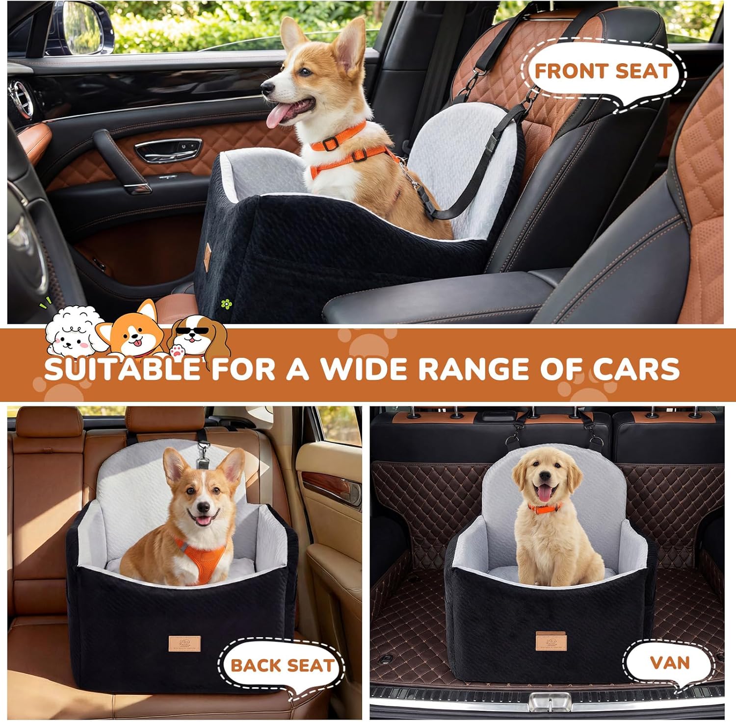 Dog Car Seat for Medium/Small Dogs, Dog Booster Car Seat, Pet Booster Seats Up to 40lbs with Waterproof Layer, 3 Storage Pockets and Safety Belt (Black/Grey) - Happypetzone.online - Image 2