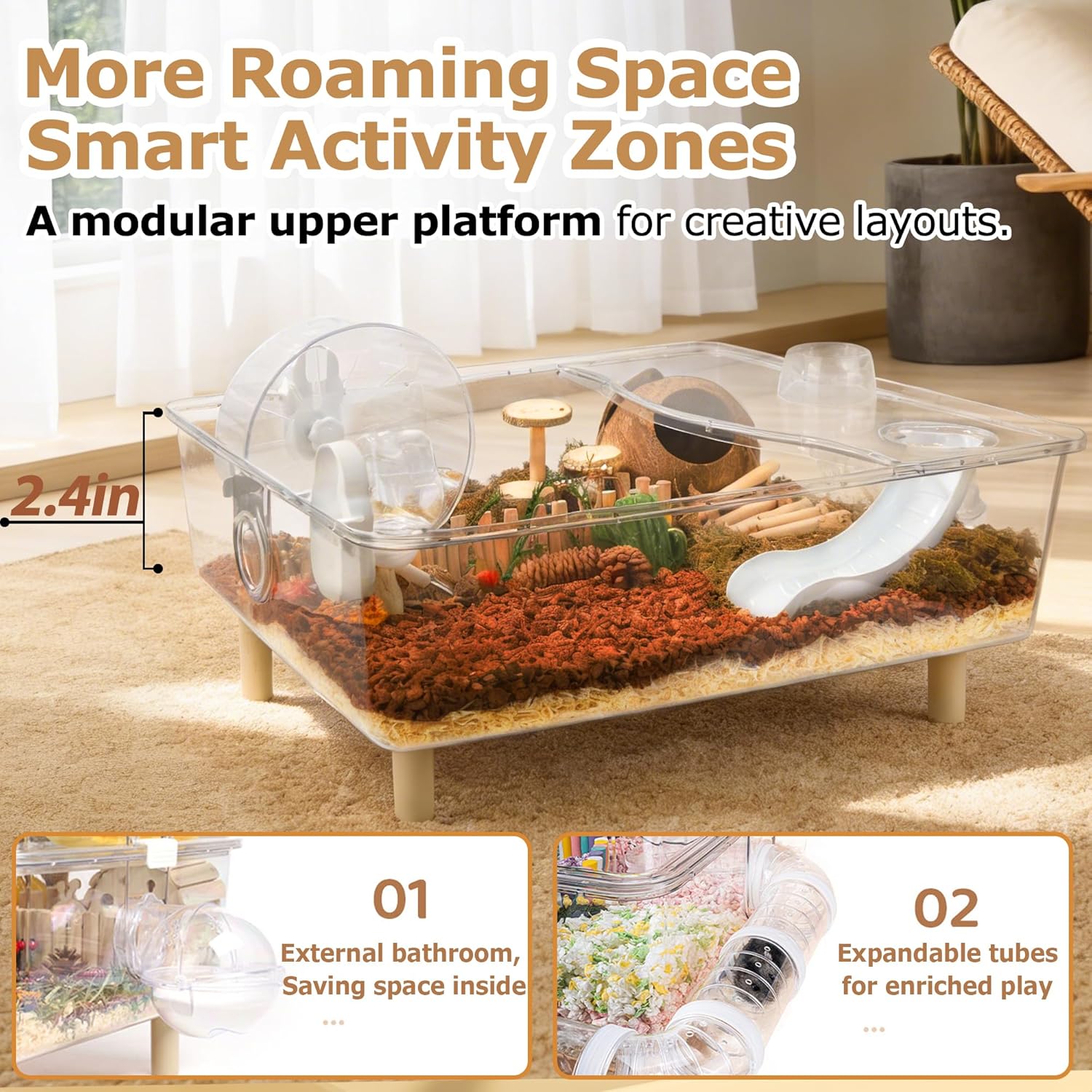 Large Hamster Cage,Crystal Clear Acrylic Hamster Cage with Stand,24.4''L*18.1''W*15.8''H Pet Mouse Cage for Pet Mice,Crystal Mouse Habitat,Hamster Enclosure with Modular Platform,Hamster Starter Kit - Happypetzone.online - Image 8