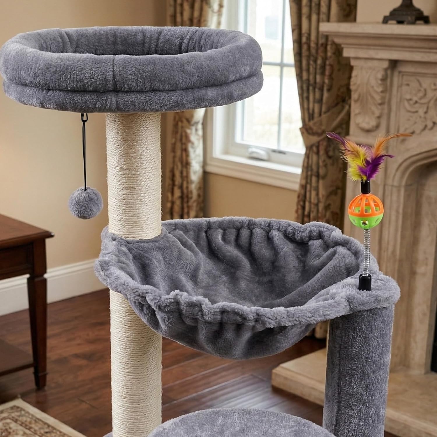 Multi-Level Cat Tree for Indoor Cats, Cat Tree Tower with Big Cat Hammock and Self-Grooming Brush, Cat Tower with Scratch Ladder, Indoor Climbing Activity Tower with Scratching Posts, Grey - Happypetzone.online - Image 6