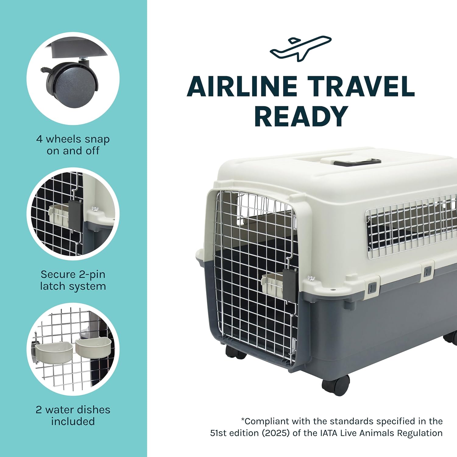 SportPet Airline Compliant MEDIUM 24.25" Travel Dog Kennel-Durable Plastic Airline Pet Carrier w/Removable Wheels & Food Bowls, Collapsible Indoor/Outdoor Dog Kennel, Dogs up to 23"L & 15"H-Cream/Gray - Happypetzone.online - Image 7