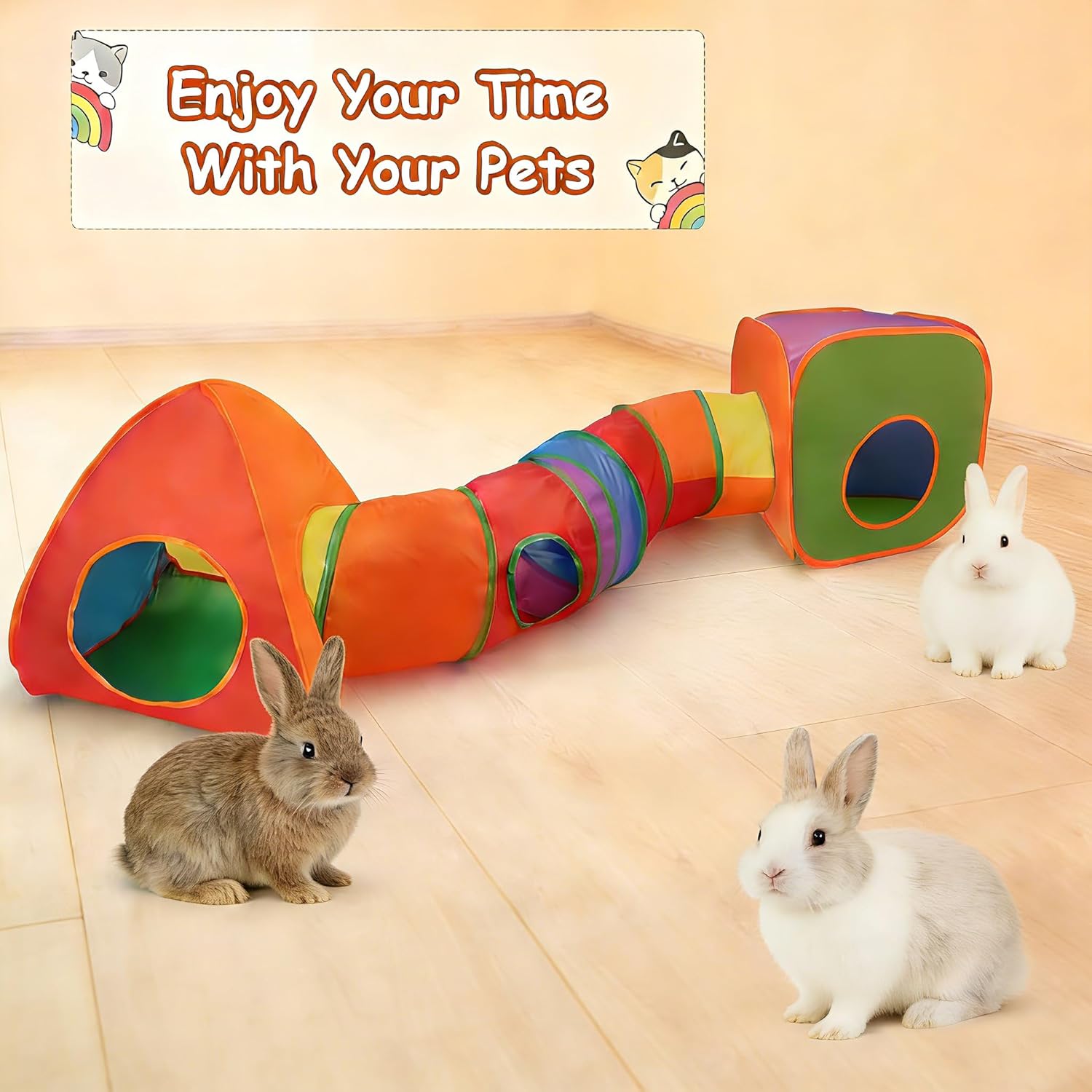 YUEPET Rabbit Tunnel and Cube Collapsible Tent Bunny Interactive Crinkle Tunnel Toys Small Animal Hideout with Play Ball for Dwarf Rabbit Bunny Guinea Pig (Rainbow) - Happypetzone.online - Image 6