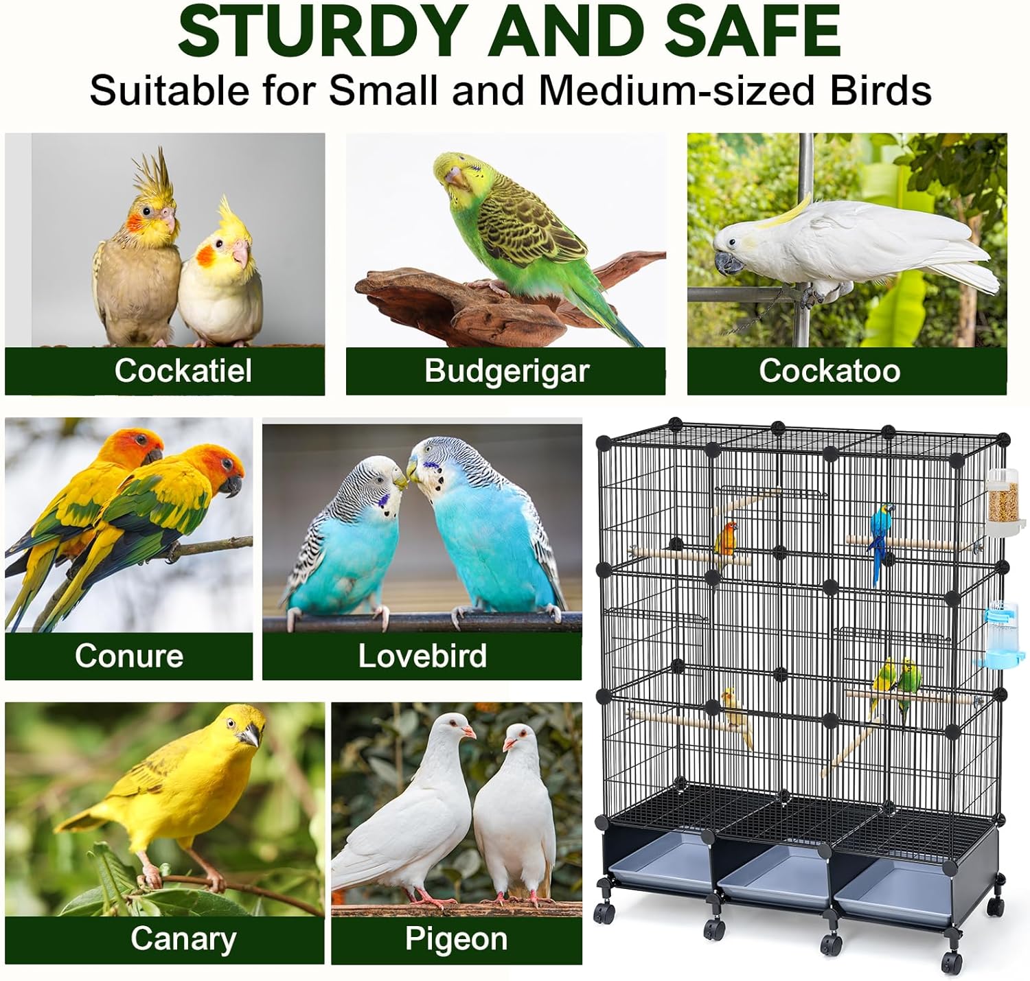 VISCOO Encrypted Bird Cage (46" x 36" x 12"), with Wooden Perches, Metal Parakeet Cage with Slide-Out Tray, Water Bottle&Feeder, Bird Cages for Parrot,Parakeets,Cockatiel,Small Mid-Sized Birds - Happypetzone.online - Image 5