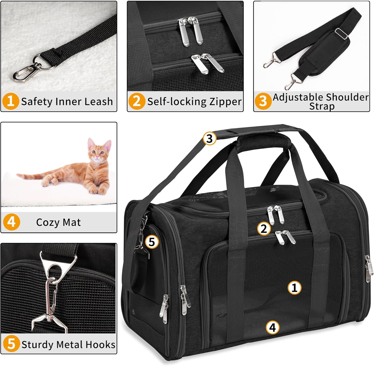 Soft-Sided Cat/Dog/Pet Carrier, Collapsible Pets Travel Carriers for Big Cats/Small Dogs with Shoulder Strap & Removable Mat, Mesh Puppy Carry Bag, Up to 16 Lbs, TSA Airline Approved(Black) - Happypetzone.online - Image 4