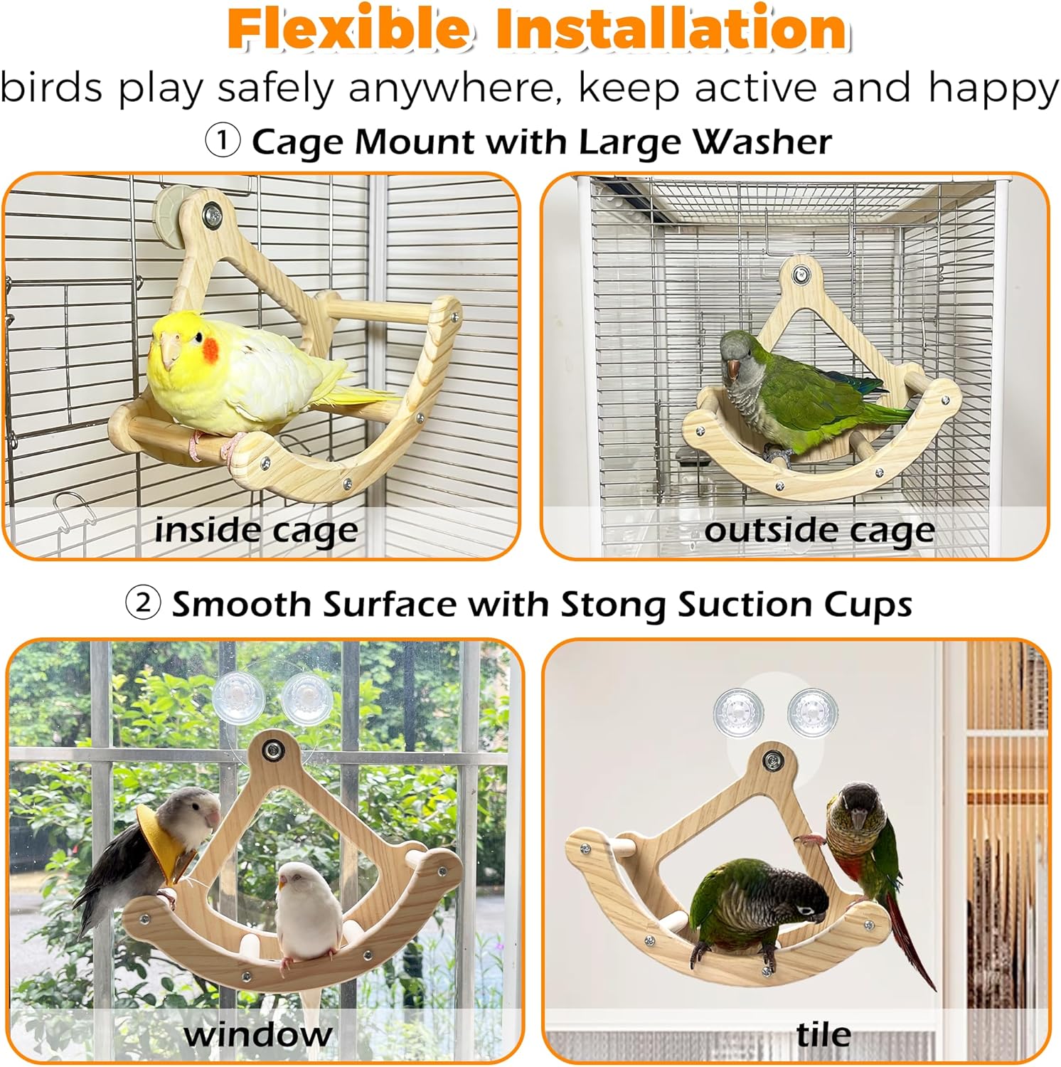 Rocking Bird Toys Perch for Window and Cage, Bird Perch for Wall Suction Mount, Wooden Parrot Toys for Medium Birds, Enrichment Cockatiel Toy Fun and Accessoriess for Budgie, Lovebird, Conure - Happypetzone.online - Image 2