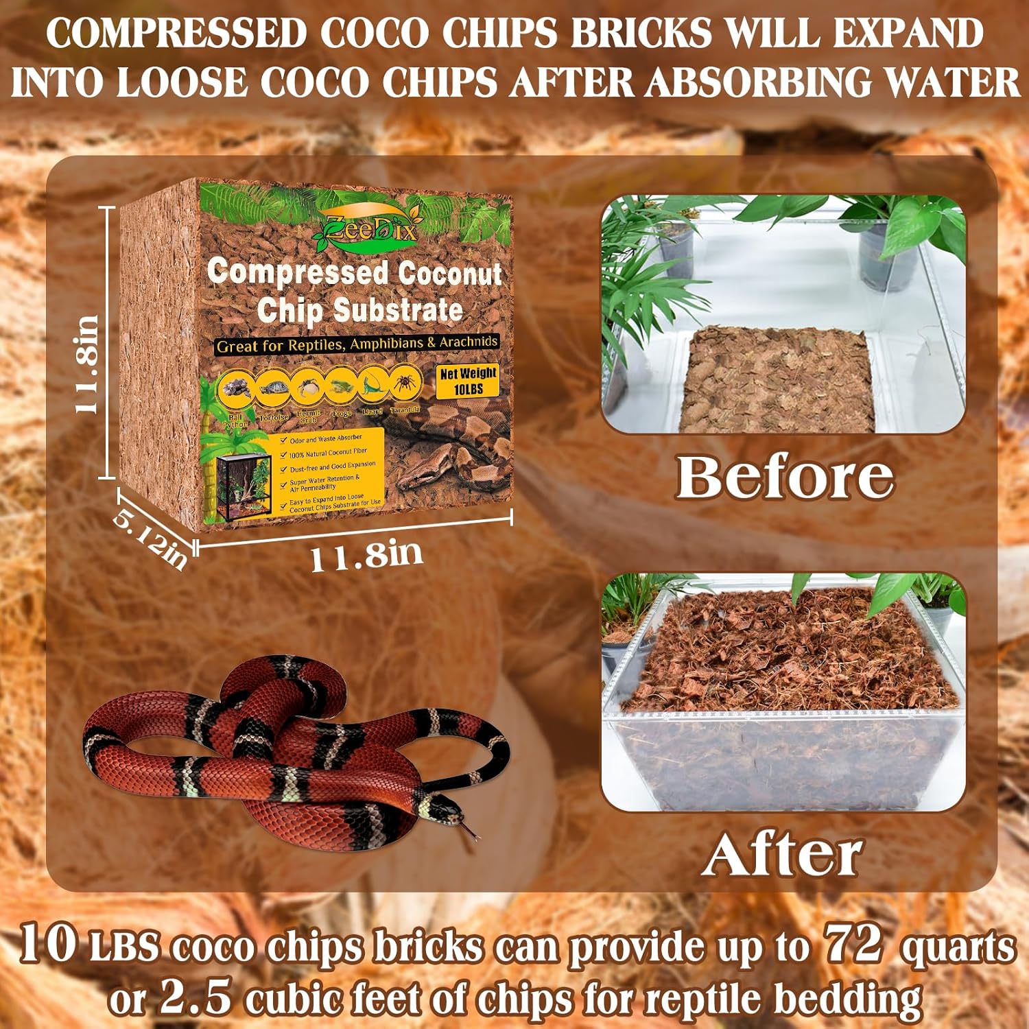 ZeeDix 10LBS Coconut Husk Chip Substrate for Reptiles, 72QT Compressed Organic Coco Coir Chips for Snake Habitat, Reptile Bedding for Ball Python, Tortoises, Geckos, Lizards Terrarium Tanks - Happypetzone.online - Image 2