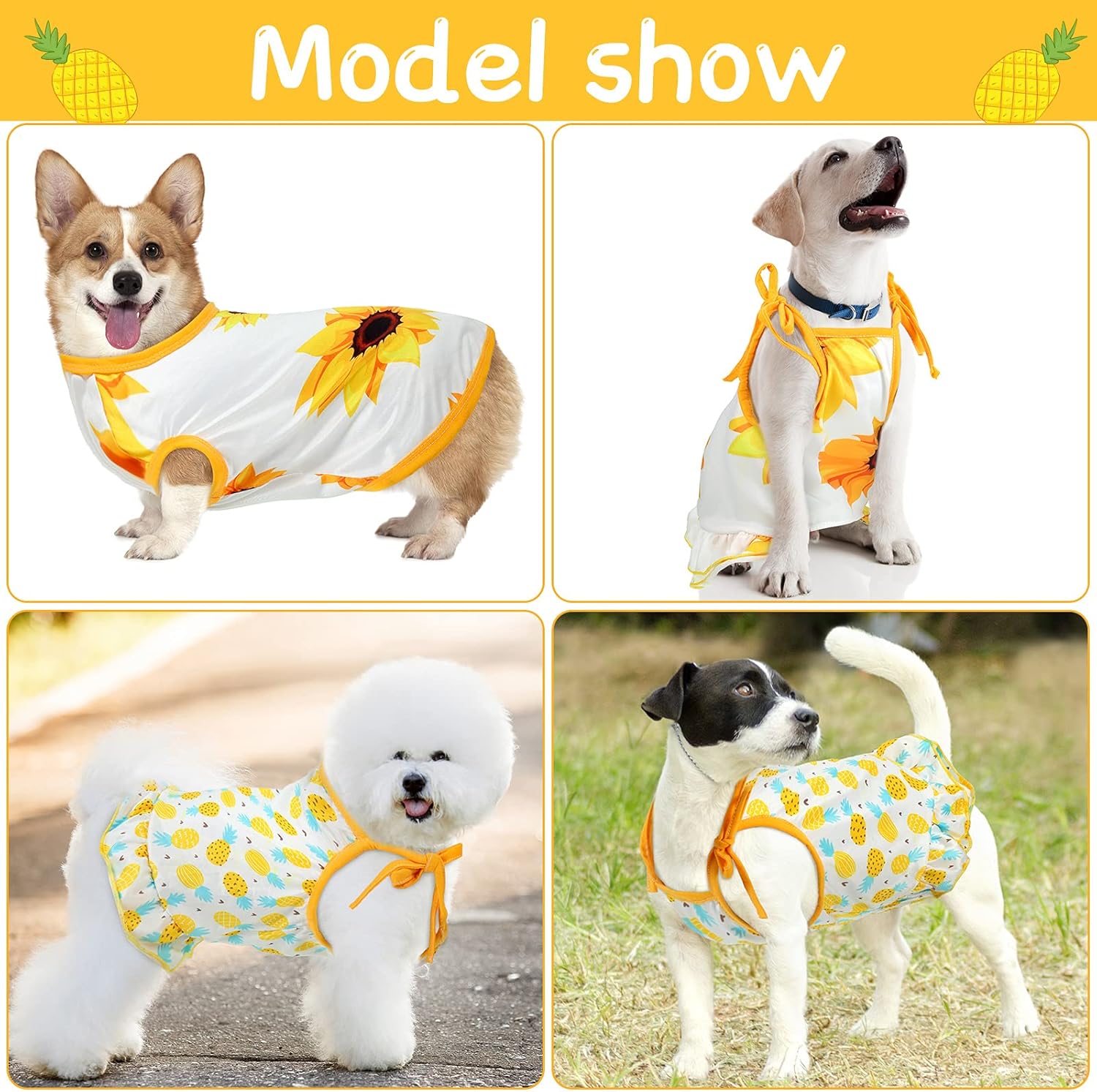 Frienda 4 Pieces Dog Clothes Set Include 2 Pcs Cute Pet Dress Lovely Dog Dress and 2 Pcs Breathable Pet T Shirt Puppy Clothes(Pineapple, Sunflower,Medium) - Happypetzone.online - Image 4