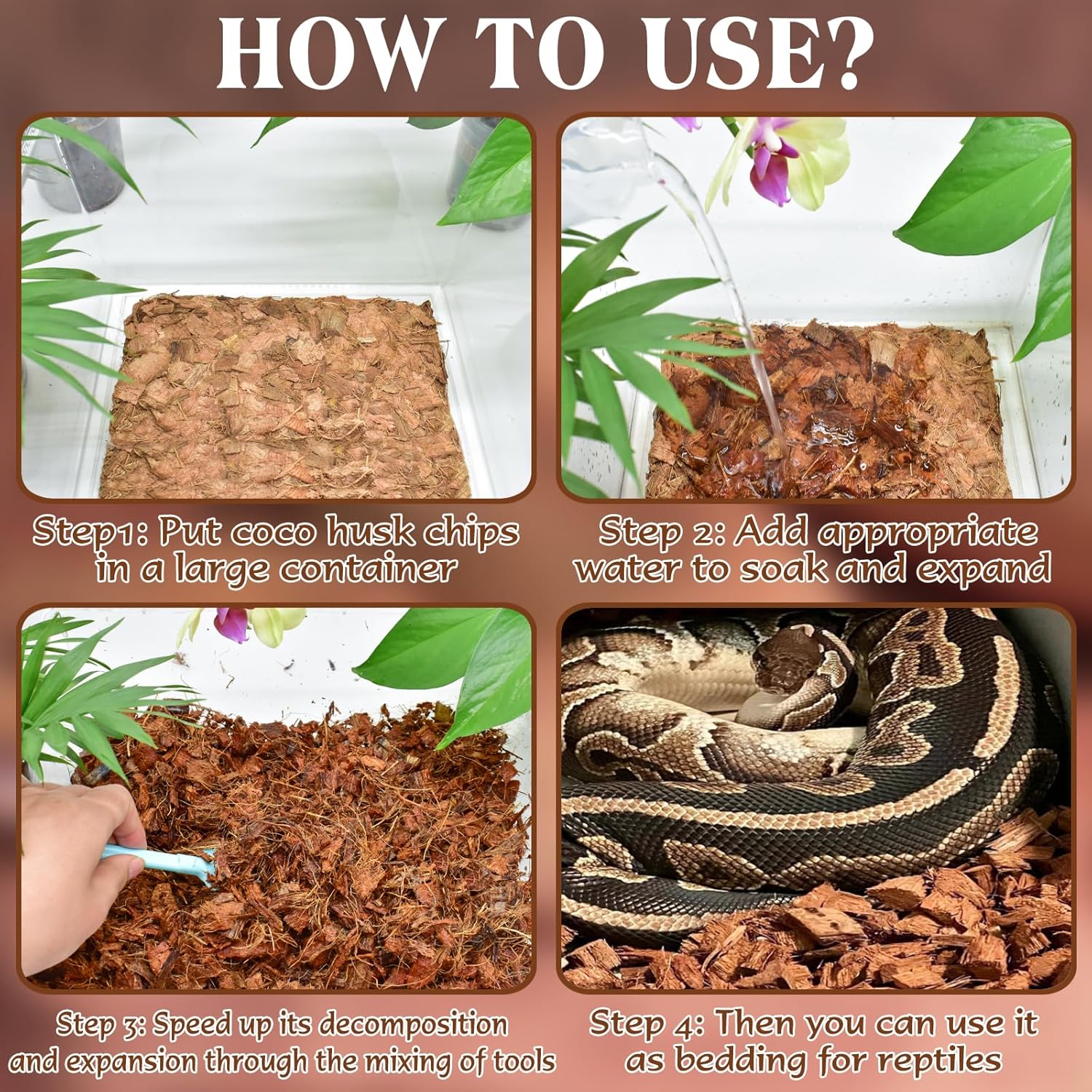ZeeDix 10LBS Coconut Husk Chip Substrate for Reptiles, 72QT Compressed Organic Coco Coir Chips for Snake Habitat, Reptile Bedding for Ball Python, Tortoises, Geckos, Lizards Terrarium Tanks - Happypetzone.online - Image 5