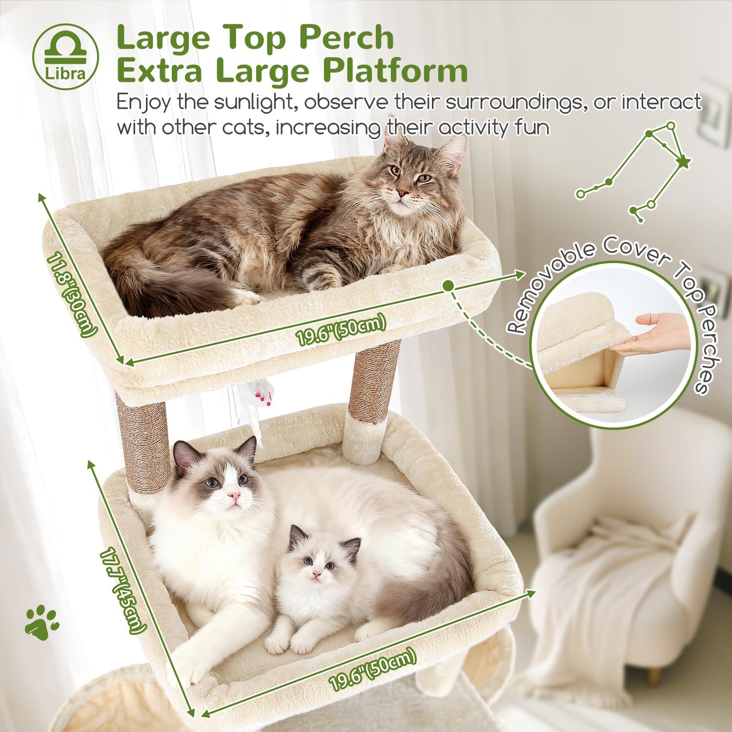 Globlazer Heavy Duty Cat Tree 78 inch Sturdy Cat Tower for 20lbs Large Adult Cats, Symmetrical Aesthetic Big Cat Tree with Extra Large Platform, 2 Scratching Boards, Z78, Beige - Happypetzone.online - Image 2