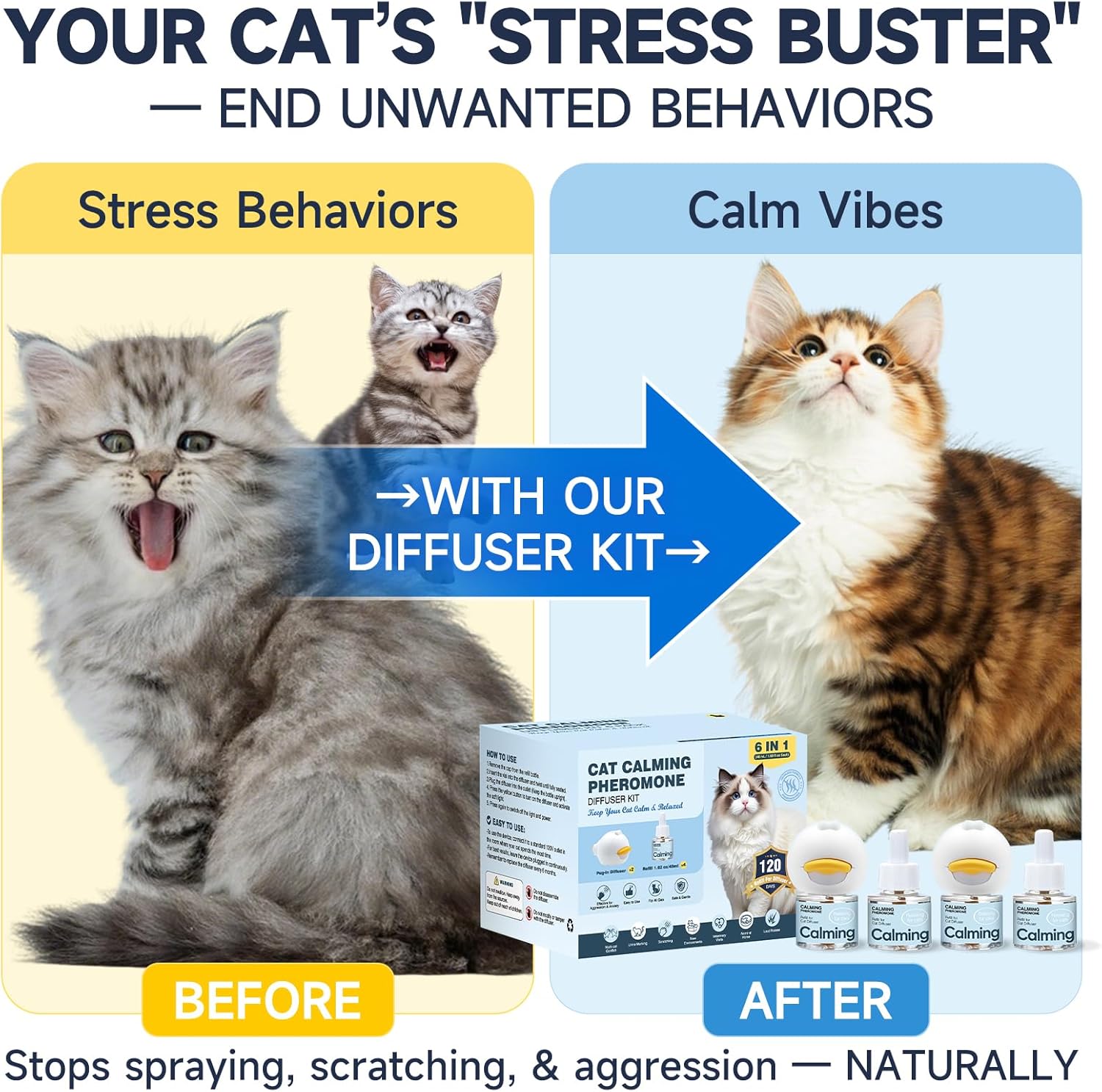 Anti Cat Pee Diffuser Calm Calming Cat Pheromone Pet Diffuser Plug In Spray Relaxer For Cats Anxiety Feromonas Calming Pheromones Relaxing Stress Diffuser Calmer With 4 Refill Peeing Cat Diffusers - Happypetzone.online - Image 2