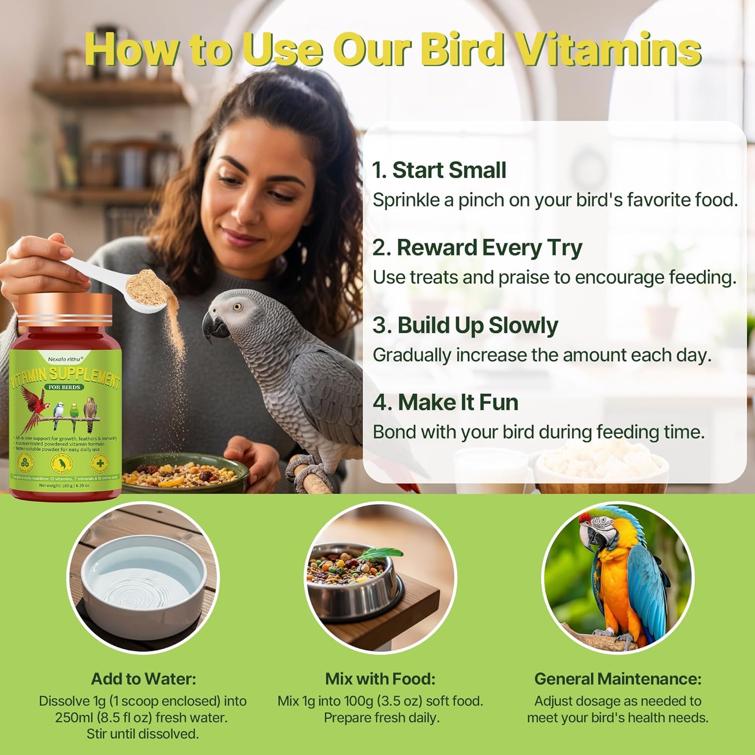 Bird Vitamins for All Cage Birds - Multi-Vitamin for Birds - Supports Bones, Feathers, Energy & Eggshell Quality - Vet-Developed Formula, Dissolves in Water for Easy Daily Use - Net Wt 6.35 oz - Happypetzone.online - Image 6