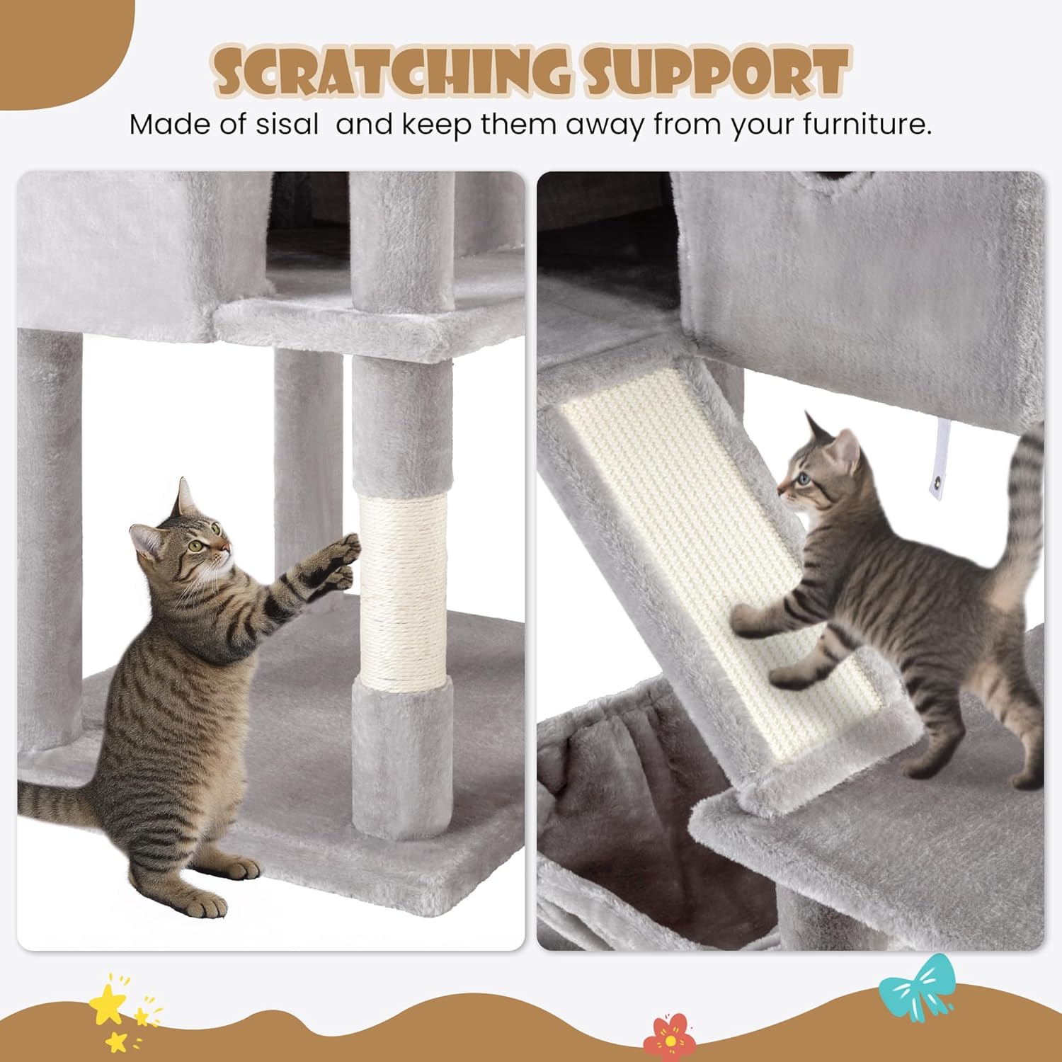 SHA CERLIN 81in Multi-Level Tall Cat Tree Tower for Indoor Kitties/Larger Cat Condo Furniture with Hammock/Cozy Pussycat Perches/Sisal Scratching Posts/Pet House/Wide Base/Grey - Happypetzone.online - Image 7
