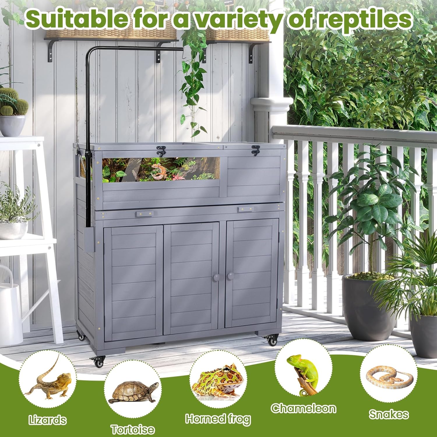Agitree Premium Reptile Habitat Enclosure for Tortoises, Lizards, and Snakes - Adjustable Lighting, 360° Wheels, Easy-Clean Design, and Secure Ventilation-(Light Gray - Happypetzone.online - Image 2