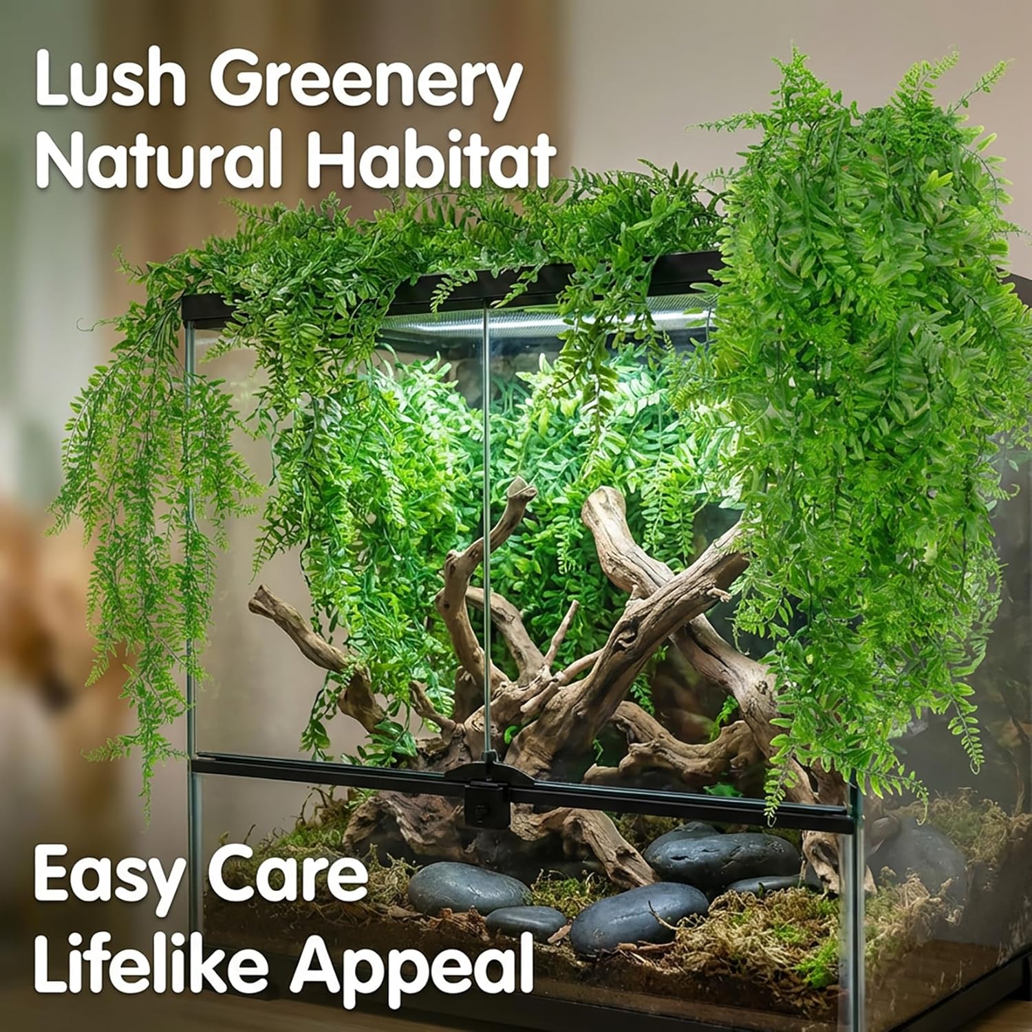 RAINFLOW 2PCS Reptile Plants for Terrarium - Fake Hanging Terrarium Plants, Artificial Boston Fern for Bearded Dragon Snake Geckos Hermit Crab Lizard Chameleon Turtle Reptile Decor(L30 xW5.1) - Happypetzone.online - Image 2