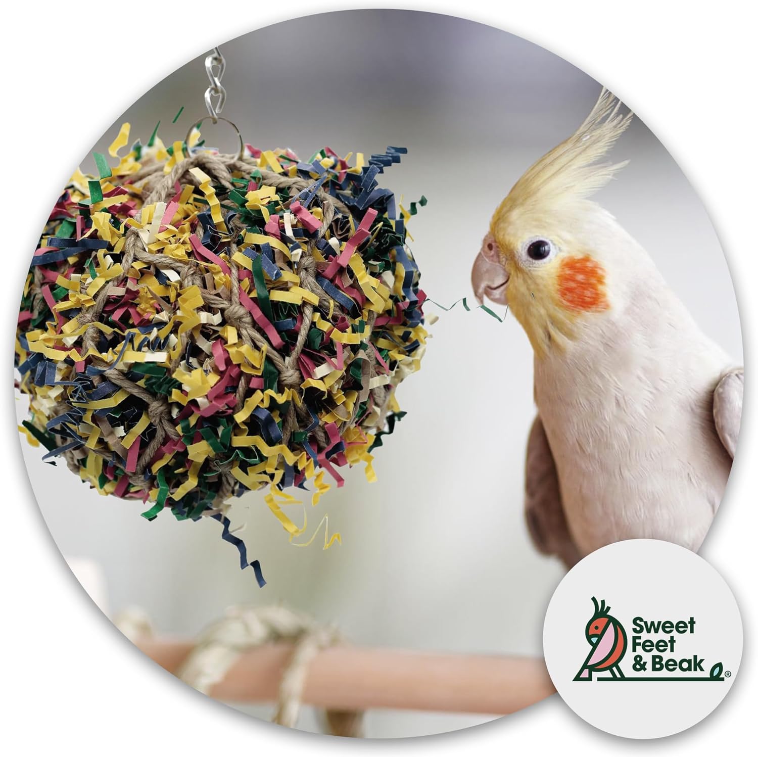 5” Super Shredder Ball Bird Toy - Fun Foraging Toys for Birds w/ Colorful Paper & Wooden Treasures - Easy to Hang Shredding Toys for Birds - Bird Shredding Toys for Cockatiels, Parrots & More - Happypetzone.online - Image 2