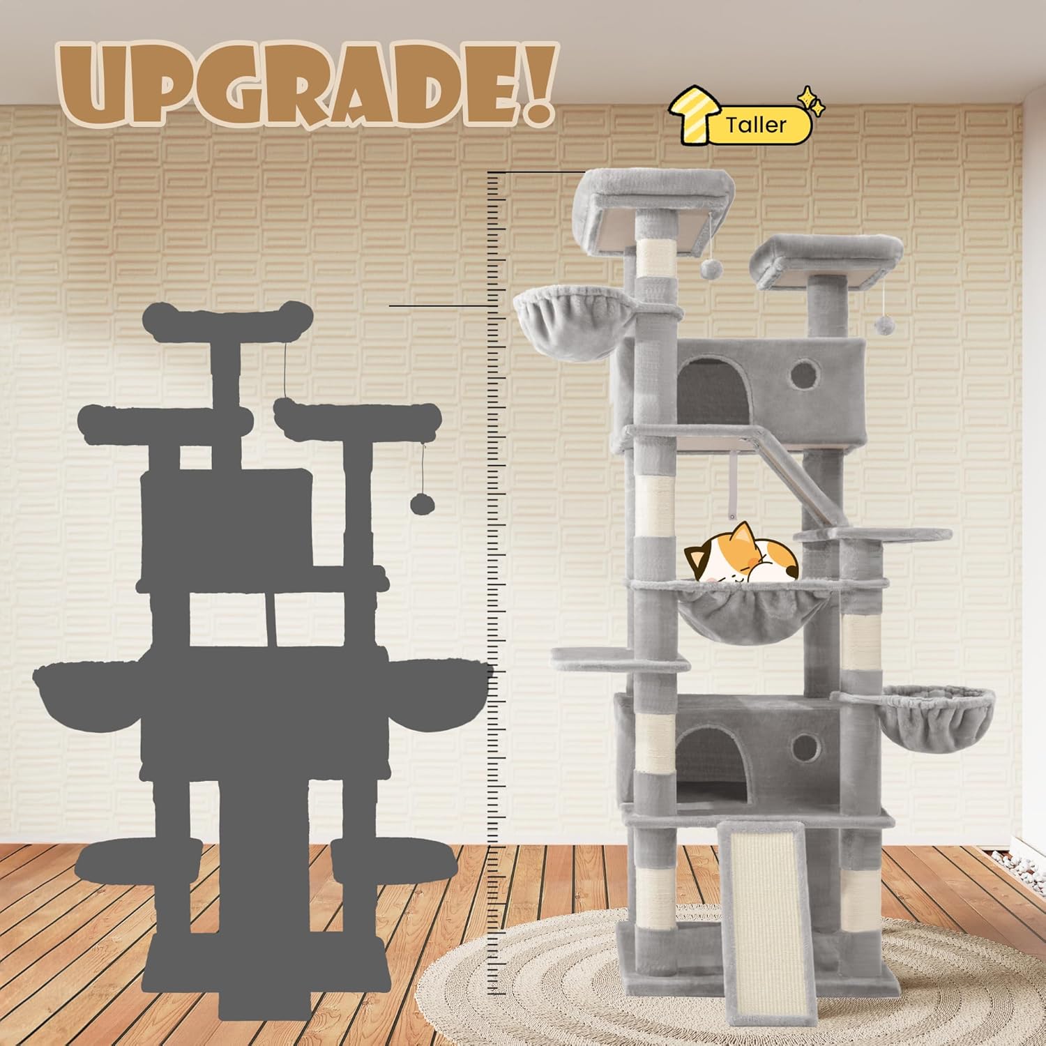 SHA CERLIN 81in Multi-Level Tall Cat Tree Tower for Indoor Kitties/Larger Cat Condo Furniture with Hammock/Cozy Pussycat Perches/Sisal Scratching Posts/Pet House/Wide Base/Grey - Happypetzone.online - Image 4