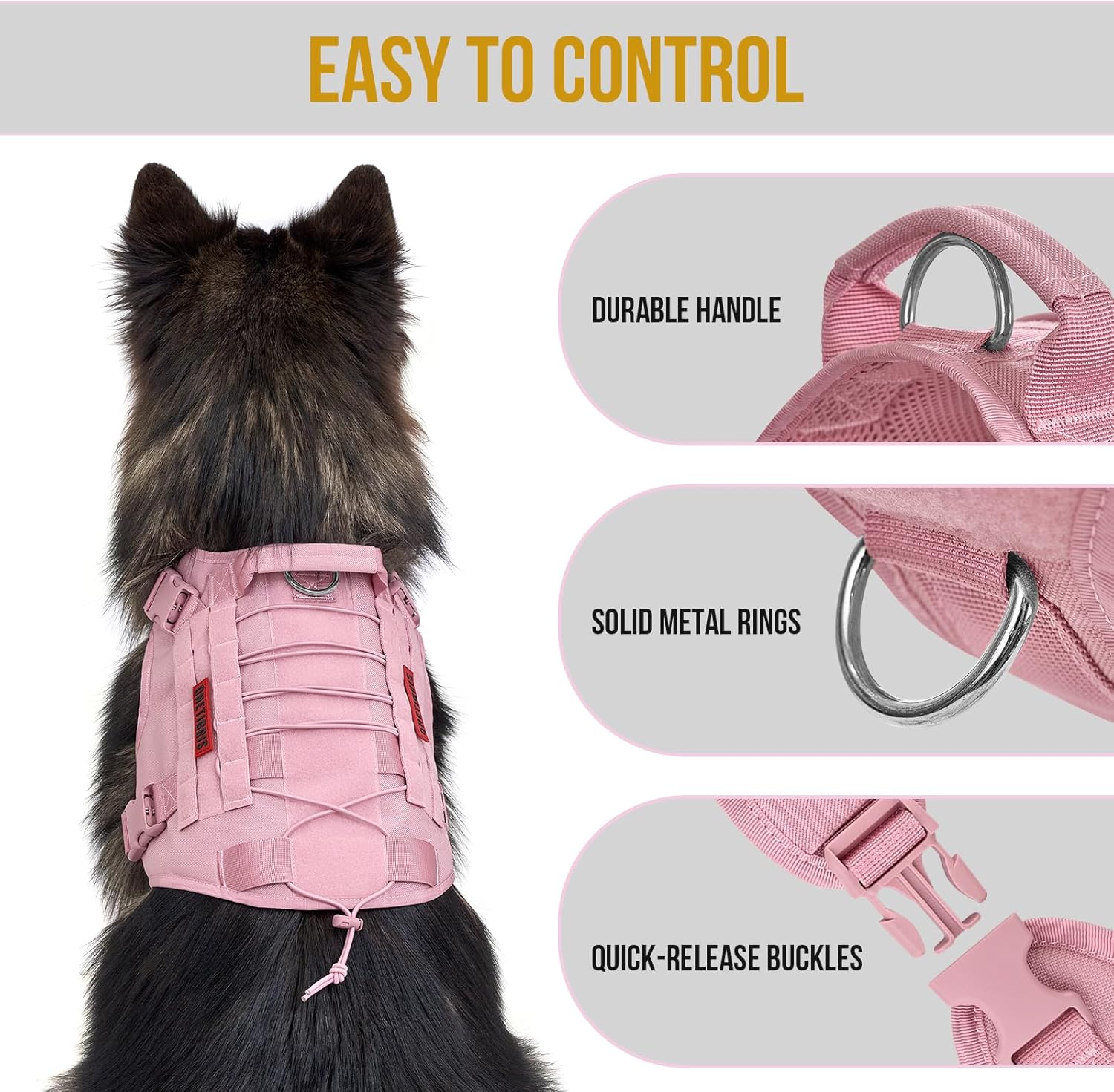 OneTigris Tactical Dog Harness Vest,No-Pull Service Dog Vest with Hook & Loop Panels,Adjustable Dog Vest Harness for Walking Hiking Training(Pink,XXS) - Happypetzone.online - Image 3
