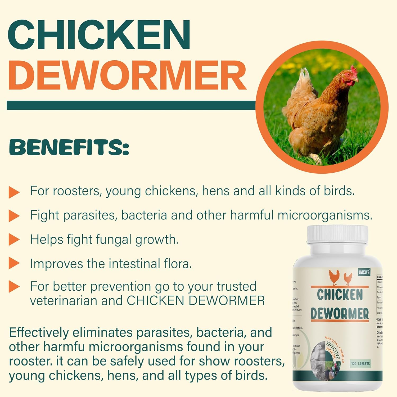 Jmxu's Chicken Dewormer, All Natural Formula Poultry Dewormer Pill, Safeguard Chicken Medicine for Laying Hens, Chicks, Roosters, Turkeys to Relieve and Prevent Worms, 120 Tablets - Happypetzone.online - Image 2