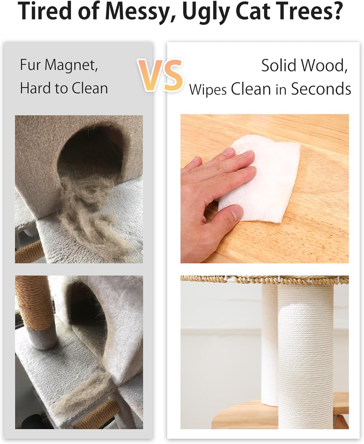 Wood Cat Tree for Large Cats, Modern Cat Tree Tower with Wide Shelves Cotton Scratching Posts, Super Sturdy Base, Cozy Perches, and Interactive Toys for Indoor Kittens 31-Inch - Happypetzone.online - Image 3