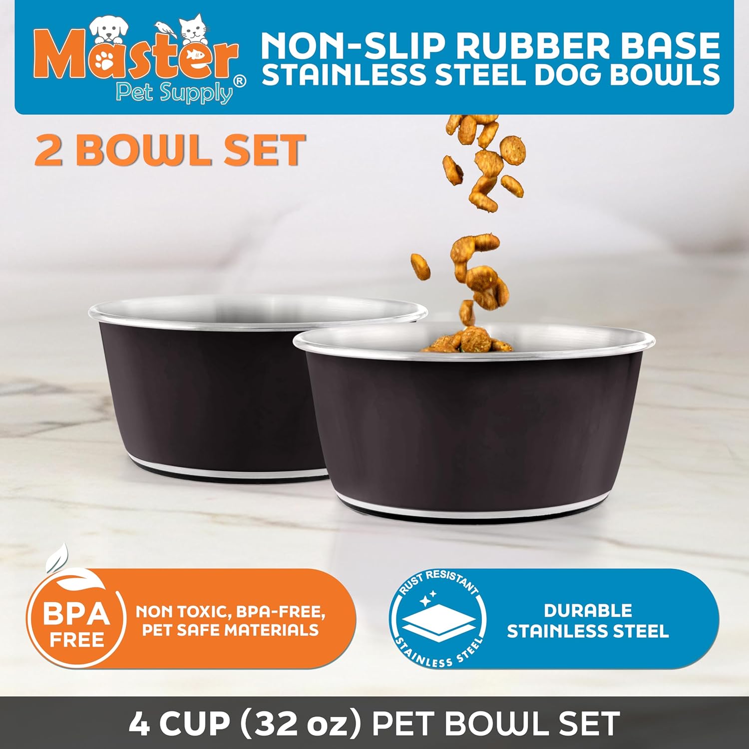 Master Pet Supply Stainless Steel Dog Bowls Set of 2 (32 Oz Each) with Non-Slip Rubber Base - Black Velvet - Basic Dog Food Bowl Water & Food Bowls for Small Medium Large Dogs & Cats, Metal Dish - Happypetzone.online - Image 2