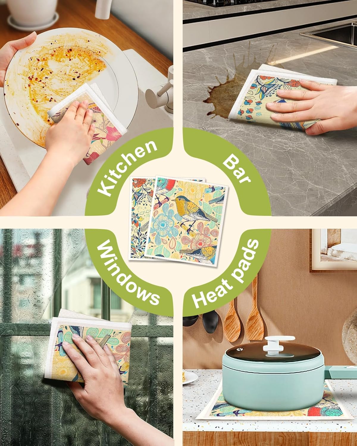 Miss Adola Swedish Dishcloths for Kitchen - 5 Pack Reusable Dish Cloths for Washing Dishes Absorbent Cute Funny Kitchen Towels Cleaning Sponge, Flower Bird - Happypetzone.online - Image 6