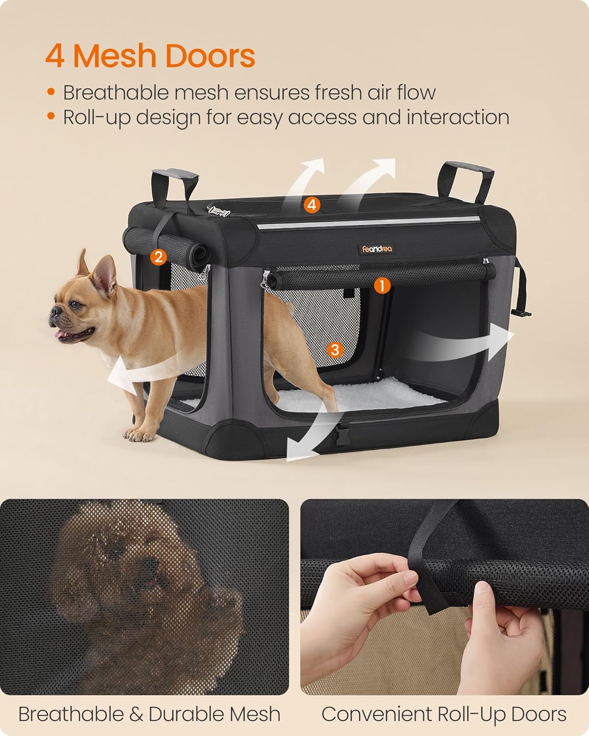 Feandrea Collapsible Dog Crate, 24-Inch Portable Dog Travel Crate for Small Dogs, Oxford Fabric Pet Carrier with 4 Mesh Doors, Handles, Storage Pocket, Water Bottle Holder, Ink Black UPDC016B01 - Happypetzone.online - Image 4