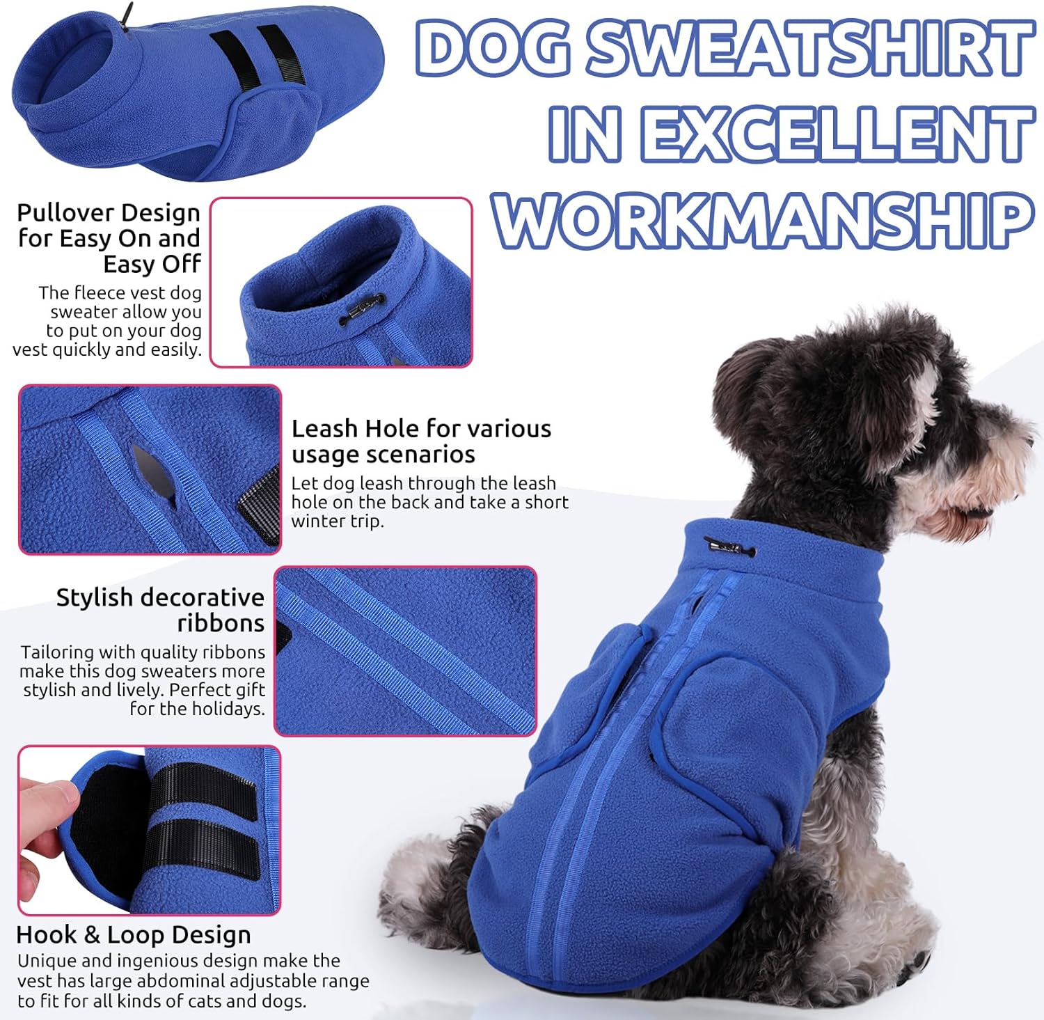 Queenmore Small Dog Sweater, Soft Fleece Vest Pullover Dog Jacket with Leash Hole, Warm Winter Dog Coats Cold Weather Doggy Dachshund Sweaters for Small Dogs Cats Boy or Girl (Blue, XS) - Happypetzone.online - Image 3