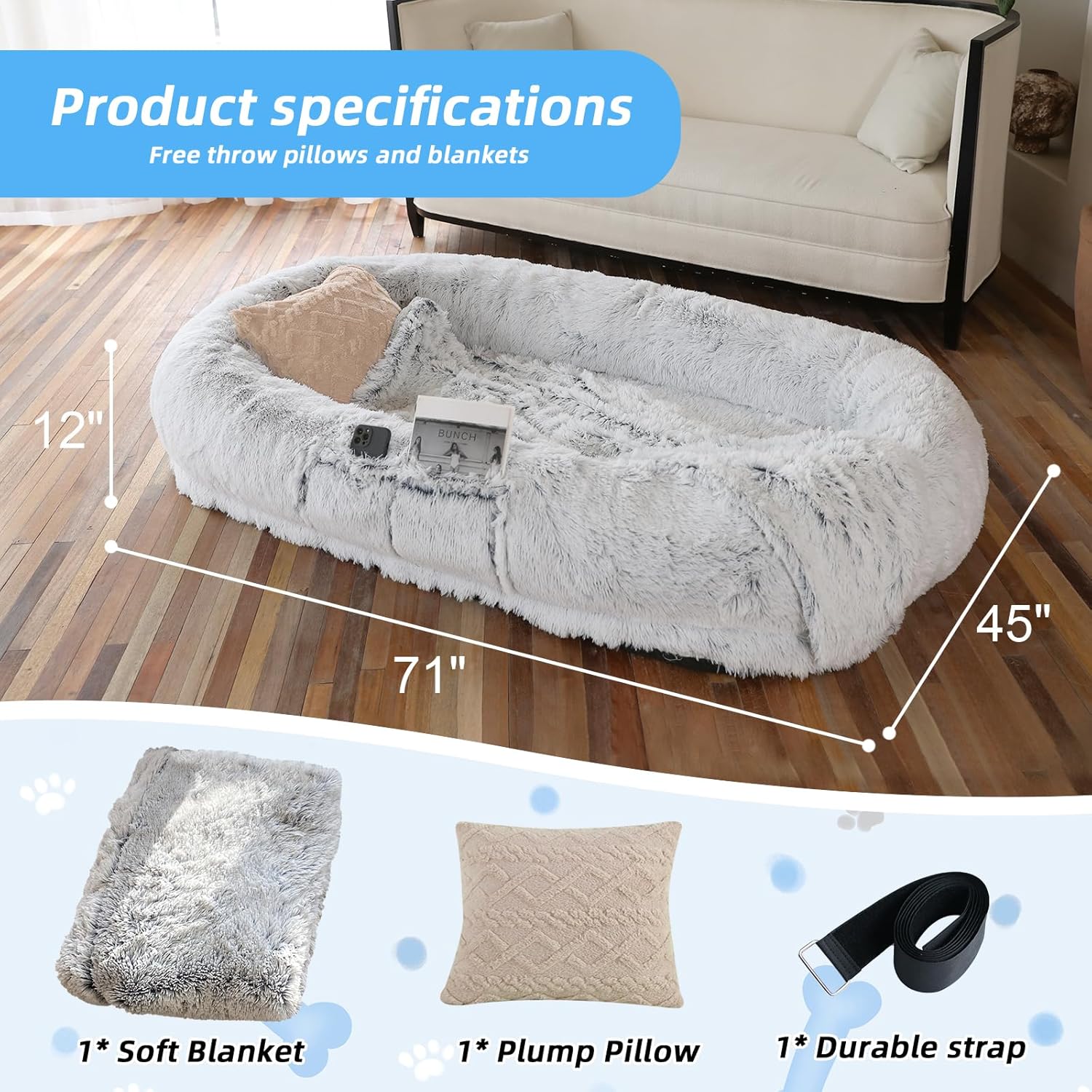 WROS Human Dog Bed - 71"x45"x12" Fits You & Pets, Washable Faux Fur, Orthopedic, Plump Pillow, Blanket, Strap - Grey - Happypetzone.online - Image 5