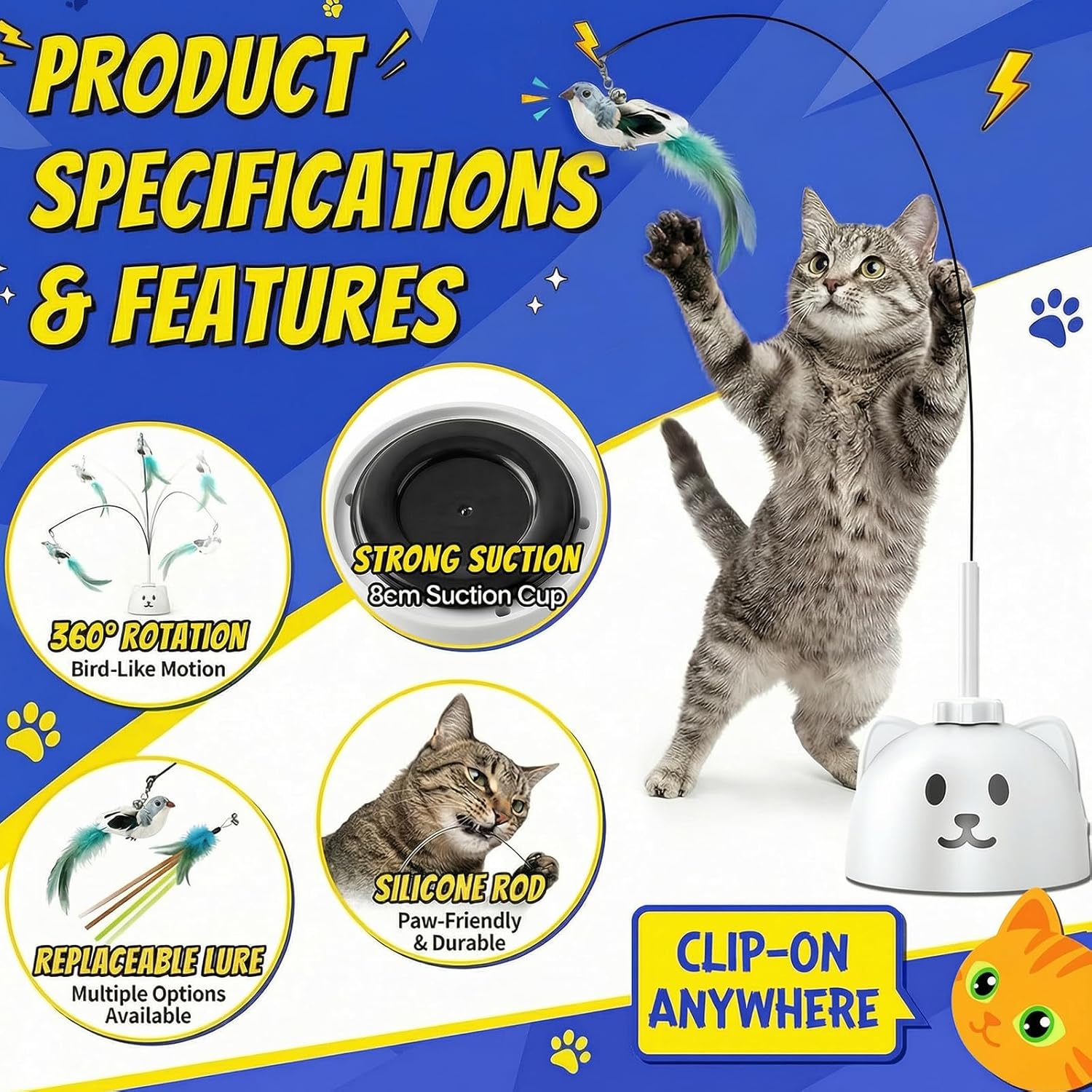 Interactive Cat Toys for Indoor Cats - Automatic Flying Bird Feather Toy, USB Rechargeable Electric Cat Teaser with Sticky Suction Base, Smart Motion Activated Self-Play Enrichment Toy for Bored Cats - Happypetzone.online - Image 3