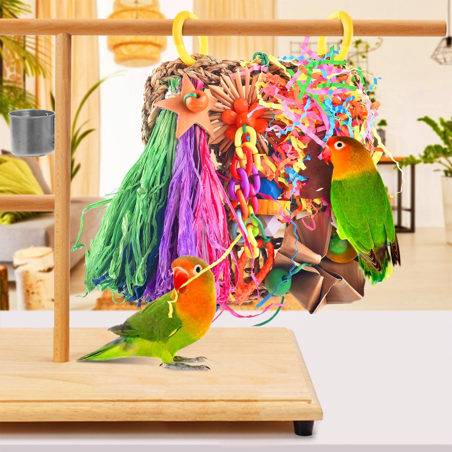 KATUMO Conure Toys, Bird Grass Mat Parakeet Shredder Hanging Toy Cockatiel Foraging Entertainments Parrot Climbing Wall Chewy Lovebird Cage Playthings for Small to Medium Birds - Happypetzone.online - Image 4