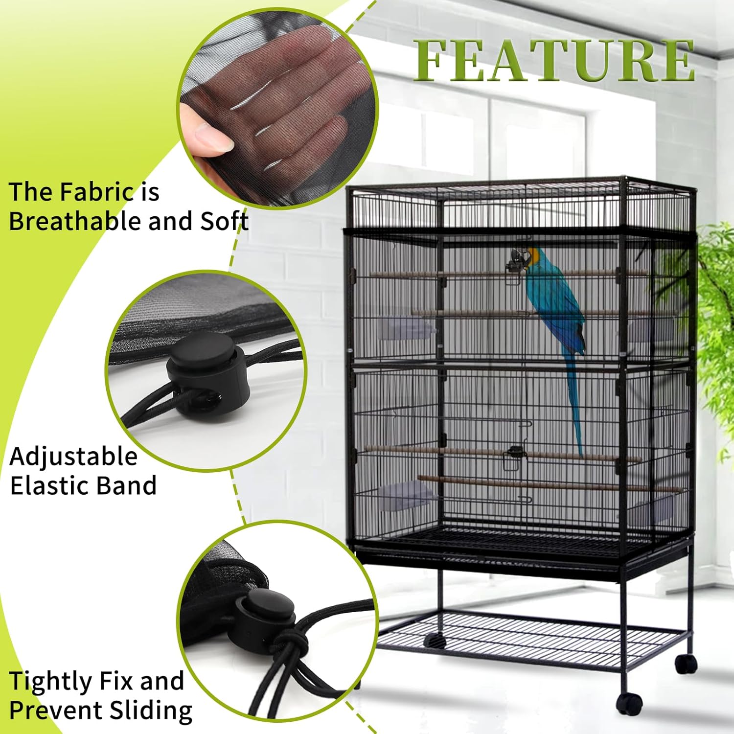 Daoeny Bird Cage Seed Catcher, Large Bird Cage Cover, Adjustable Soft Airy Nylon Mesh Net, Birdcage Cover Skirt Seed Guard for Parrot Parakeet Macaw African Round Square Cages (Black) - Happypetzone.online - Image 4