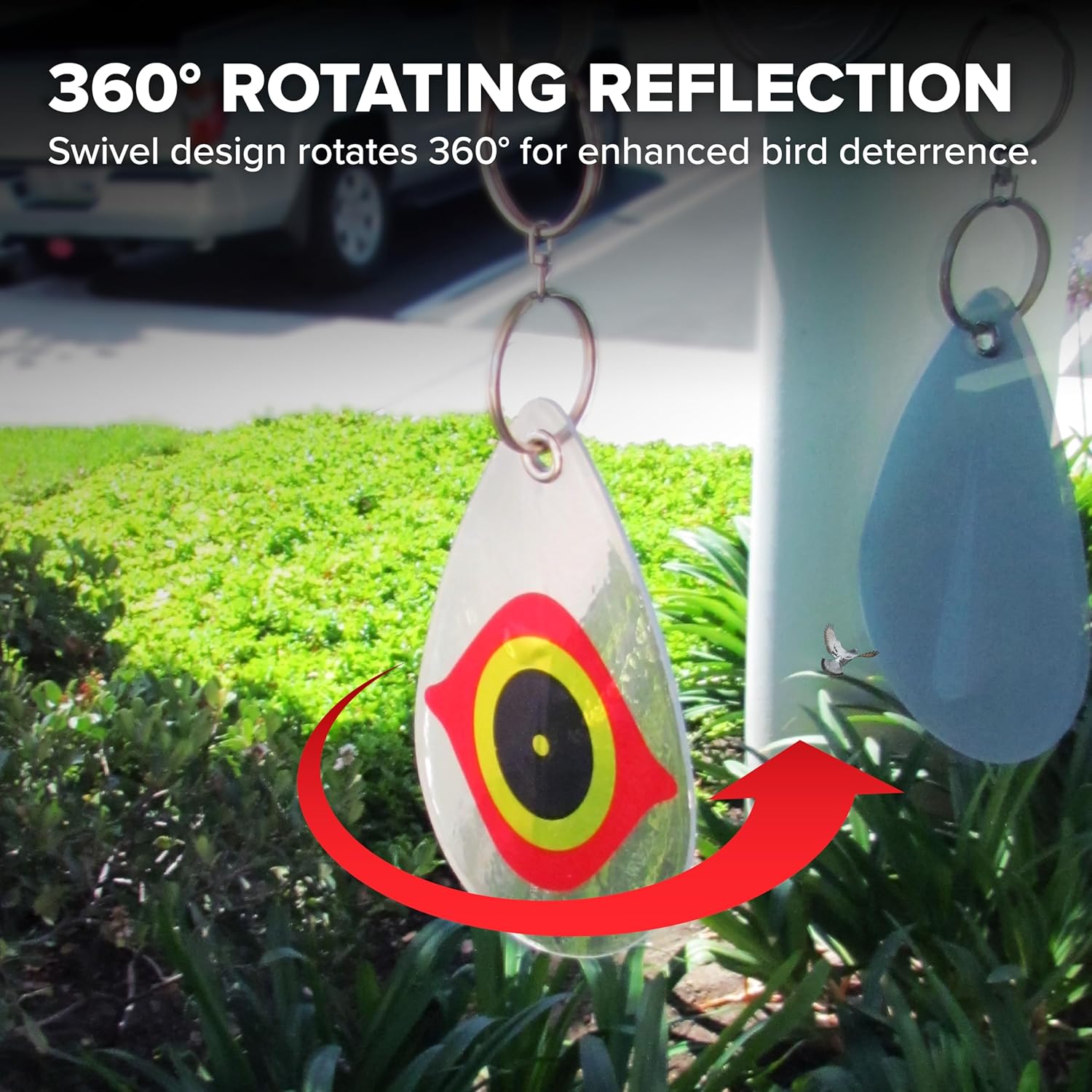Bird B Gone - Reflective Eye Bird Diverters - Set of 5 - Foil Deterrent Mimics Predator Eyes - Scares Birds Away - for Trees, Patios, Gazebos, Boats, Etc - Durable Outdoor Plastic - 360° Rotation - Happypetzone.online - Image 4