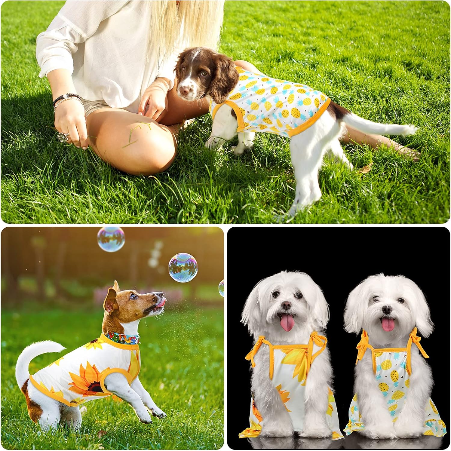 Frienda 4 Pieces Dog Clothes Set Include 2 Pcs Cute Pet Dress Lovely Dog Dress and 2 Pcs Breathable Pet T Shirt Puppy Clothes(Pineapple, Sunflower,Medium) - Happypetzone.online - Image 6
