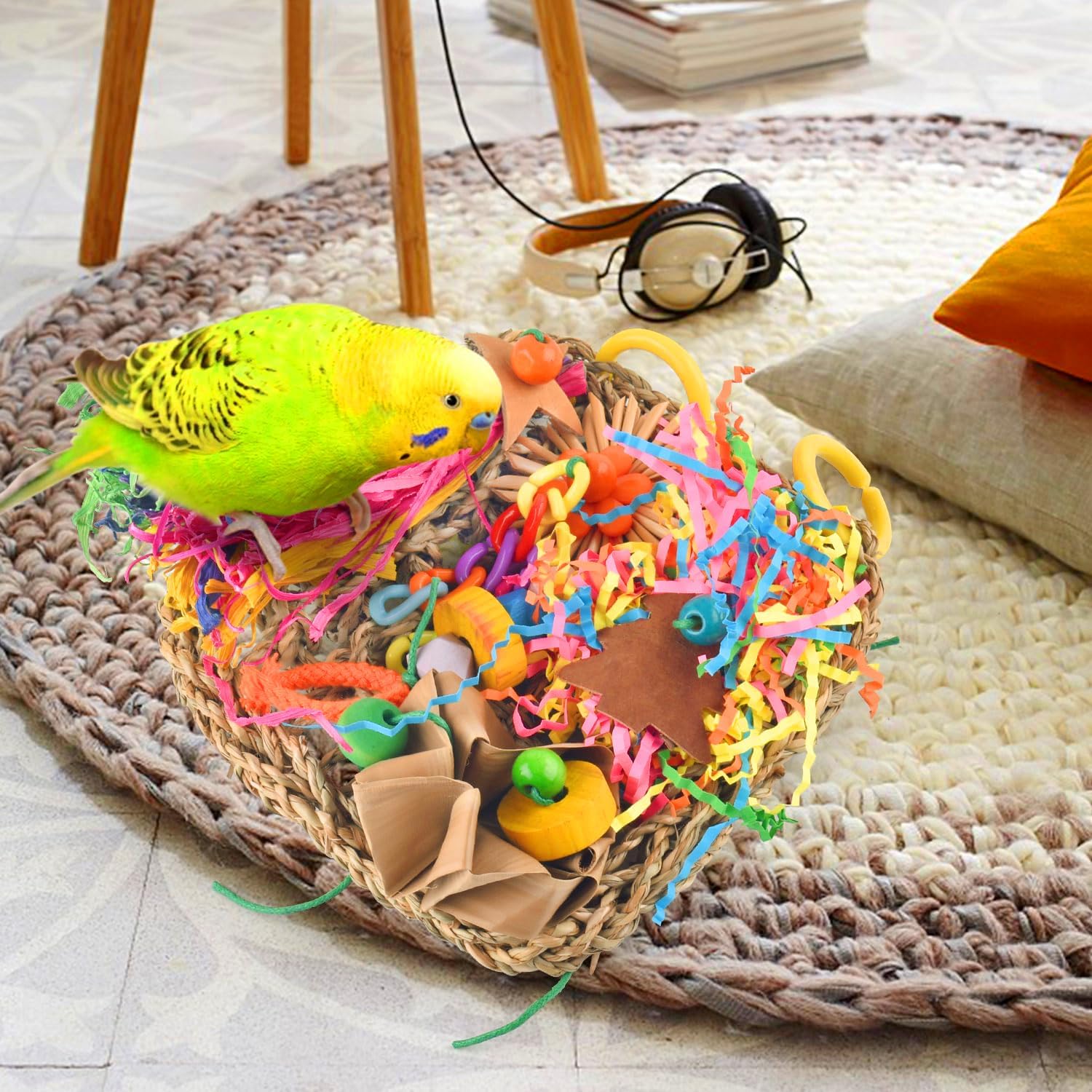 KATUMO Conure Toys, Bird Grass Mat Parakeet Shredder Hanging Toy Cockatiel Foraging Entertainments Parrot Climbing Wall Chewy Lovebird Cage Playthings for Small to Medium Birds - Happypetzone.online - Image 7