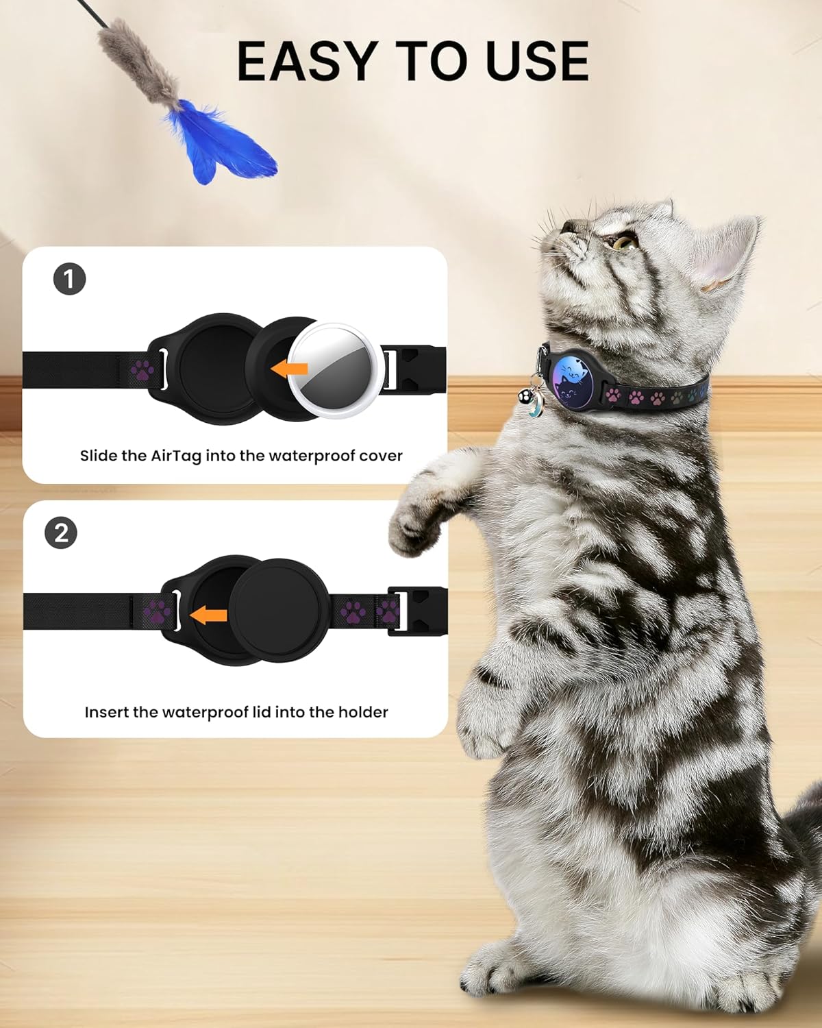 Cat Collar with Airtag Holder, 2 Pack Waterproof Breakaway Kitten Collar for Apple AirTag GPS Tracker, Adjustable Cat Collar with Buckle, Bell & Reflective Pattern for Cats, Kittens, Black (8-11") - Happypetzone.online - Image 4