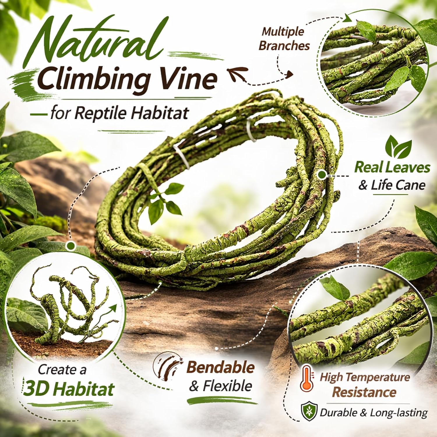 HERCOCCI Reptile Vines, Flexible Jungle Climbing Vines Terrarium Plastic Plants and Leaves Tank Accessories Decor for Gecko Snake Lizard Bearded Dragon Hermit Crab Frog - Happypetzone.online - Image 2