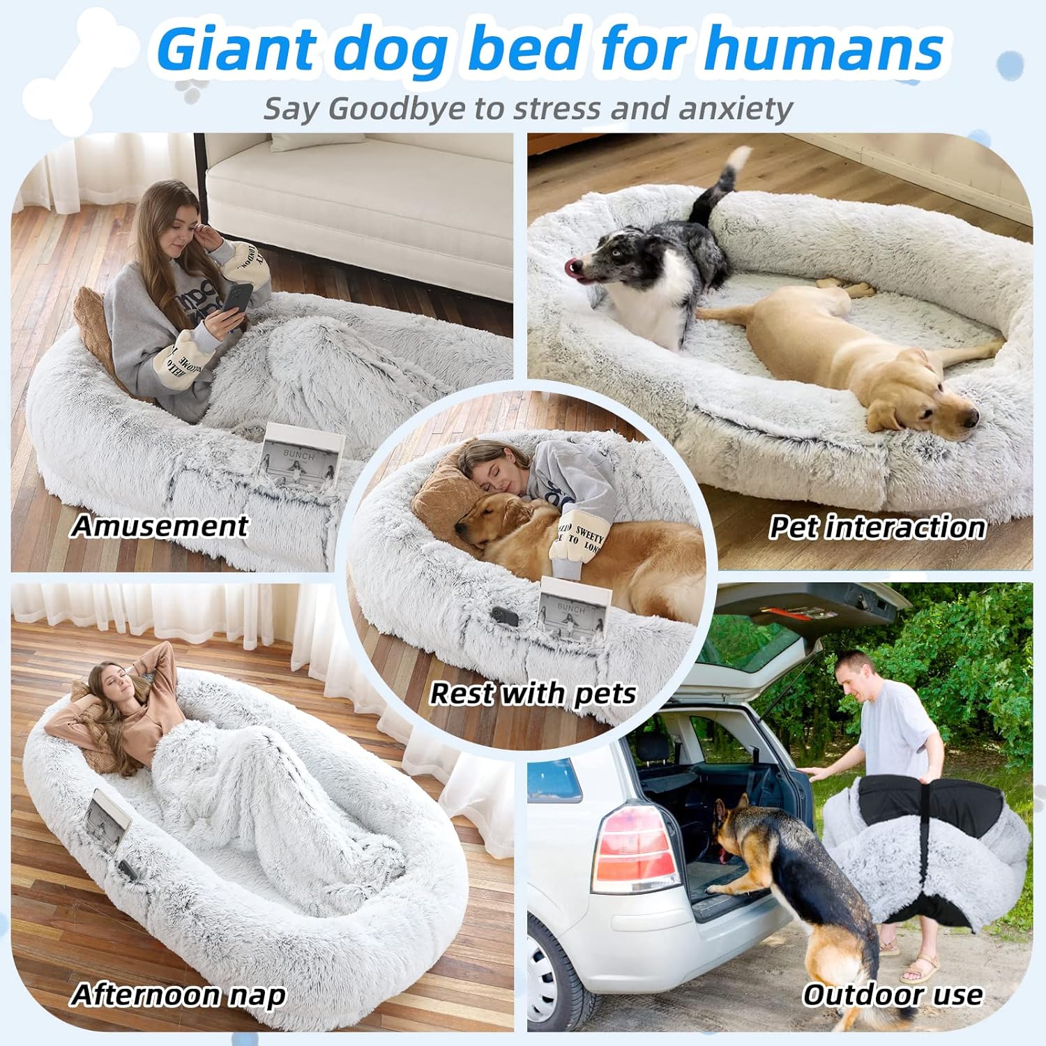 WROS Human Dog Bed - 71"x45"x12" Fits You & Pets, Washable Faux Fur, Orthopedic, Plump Pillow, Blanket, Strap - Grey - Happypetzone.online - Image 6
